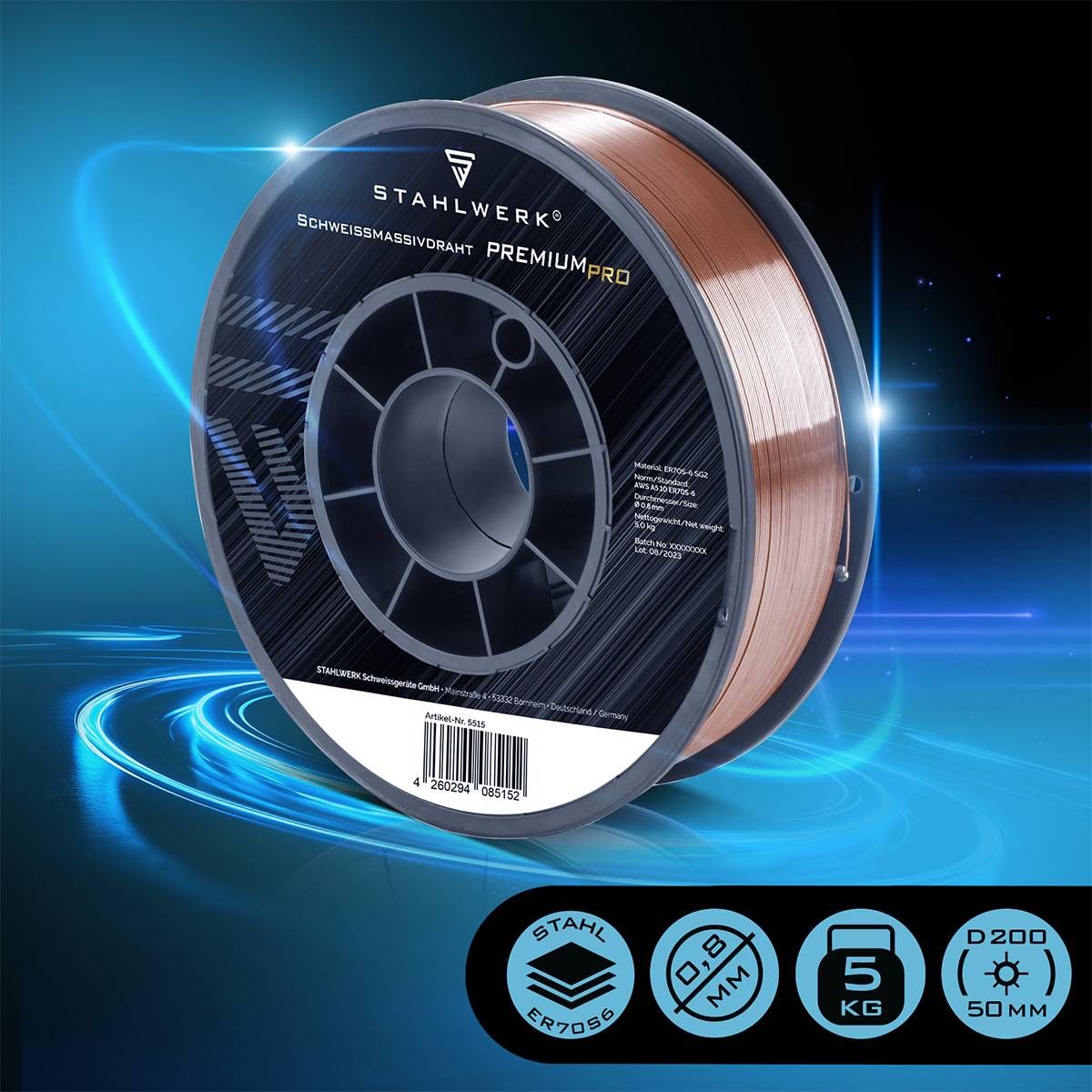 STAHLWERK Schweißdraht MIG/MAG Stahl Ø 0,8 mm ER70S-6 SG2 Drahtrolle 5 kg