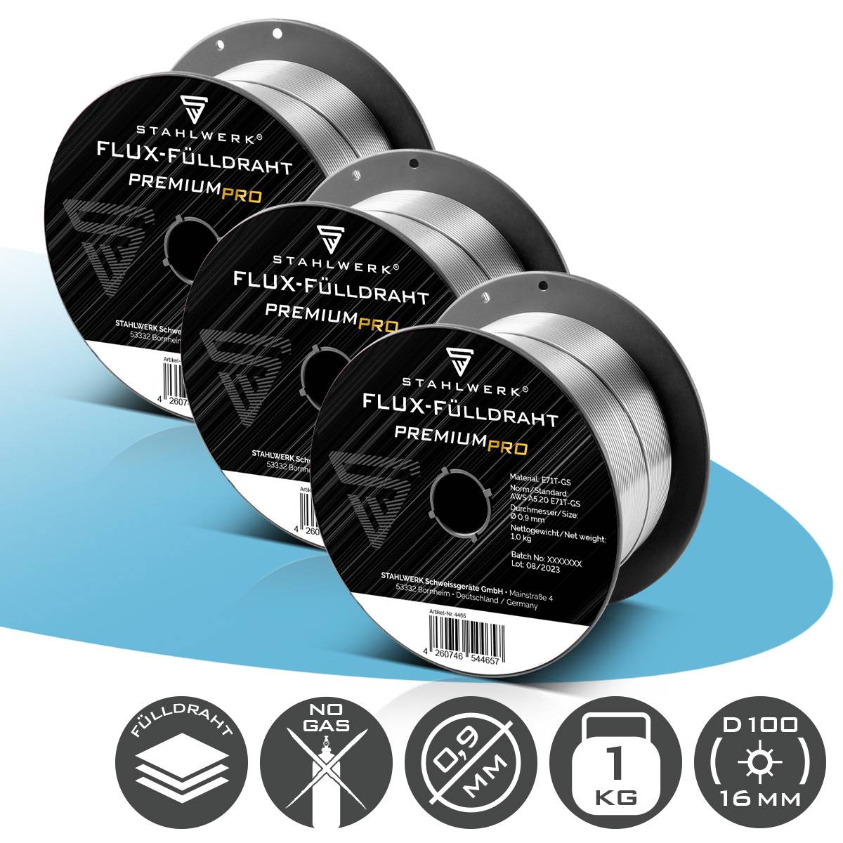 STAHLWERK Fülldraht 3er Set FLUX E71T-GS 0,9 mm 1 kg Drahtrolle D100 MIG MAG