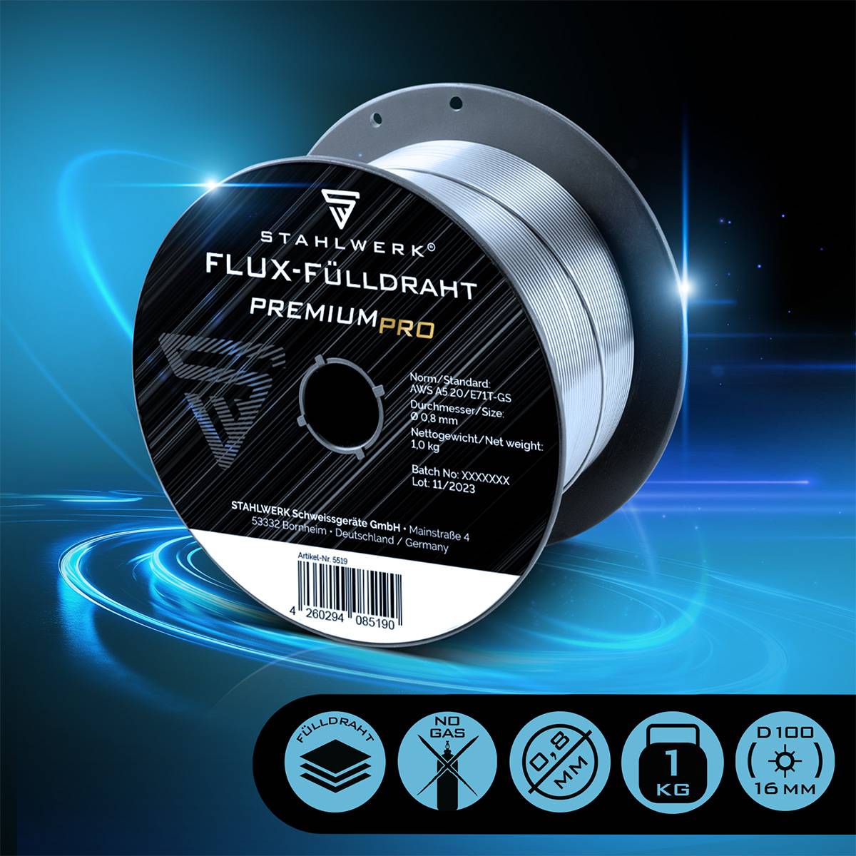 STAHLWERK Fülldraht MIG/MAG Ø 0,8 mm E71T-GS S100/ D100 Drahtrolle 1 kg 2er Set