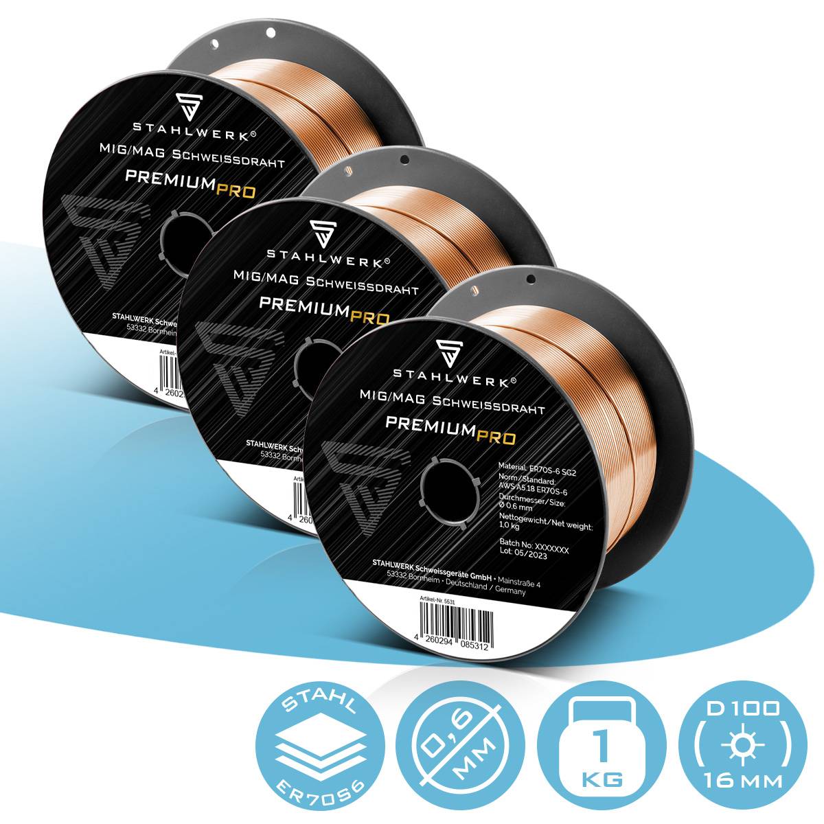 STAHLWERK Schweißdraht MIG MAG ER70S-6 SG2 Ø 0,6 mm S100/D100 3er-Set