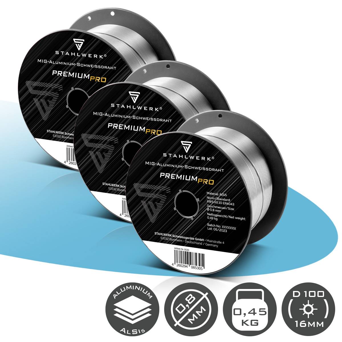 „Drei Spulen STAHLWERK Premium-MIG-Aluminium-Schweißdraht; 0,8 mm Durchmesser, 0,45 kg Gewicht, passt auf D100-Spulen.