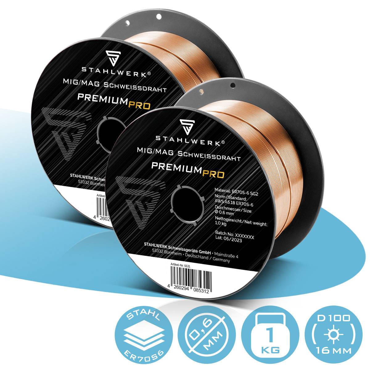 STAHLWERK Schweißdraht MIG MAG ER70S-6 SG2 Ø 0,6 mm S100/D100 2er-Set