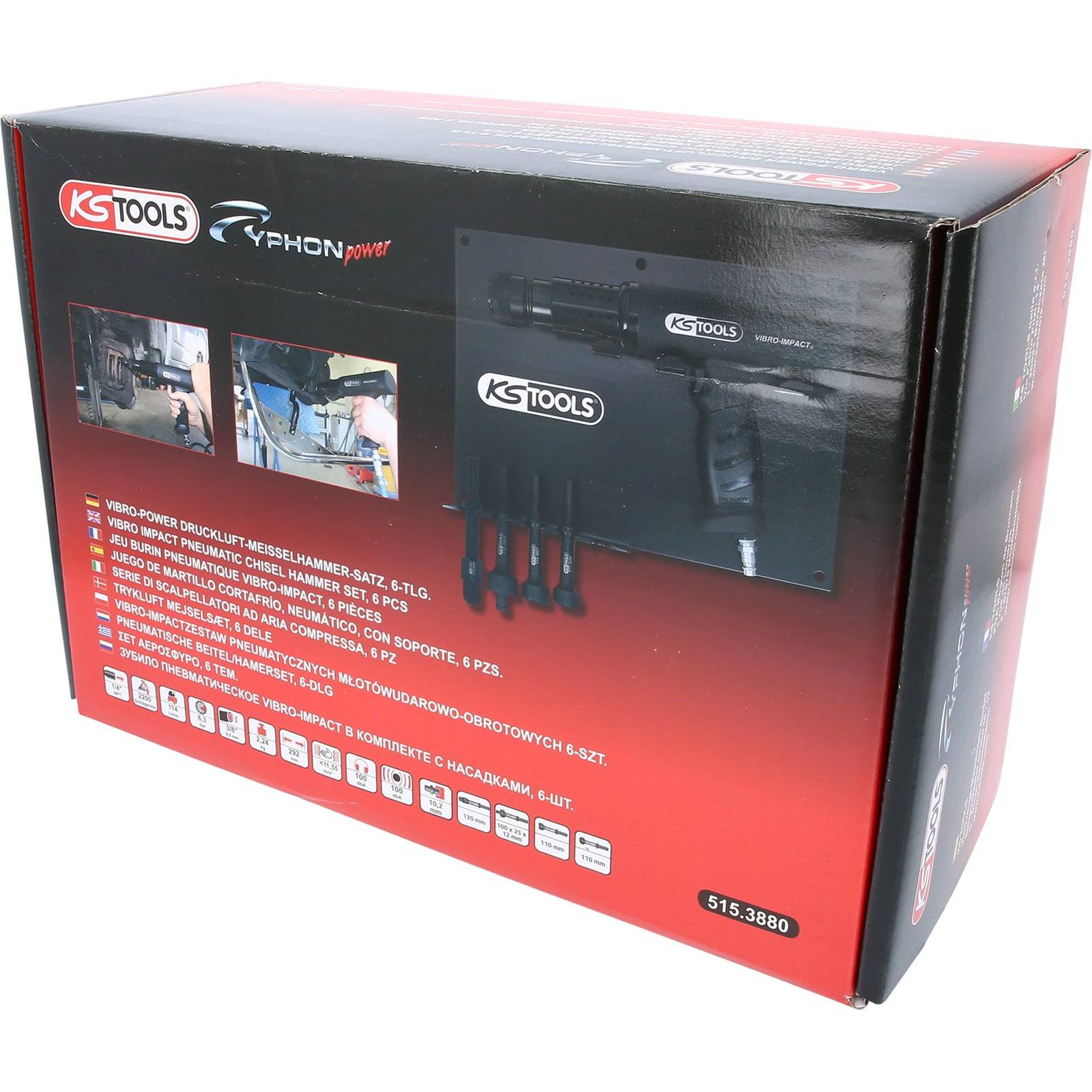 Eine Box für ein KS Tools Typhoon Elektrowerkzeug-Set mit Bildern von Hammer und Zubehör, gekennzeichnet mit Inhaltsbeschreibung und Artikelnummer 515.3880.