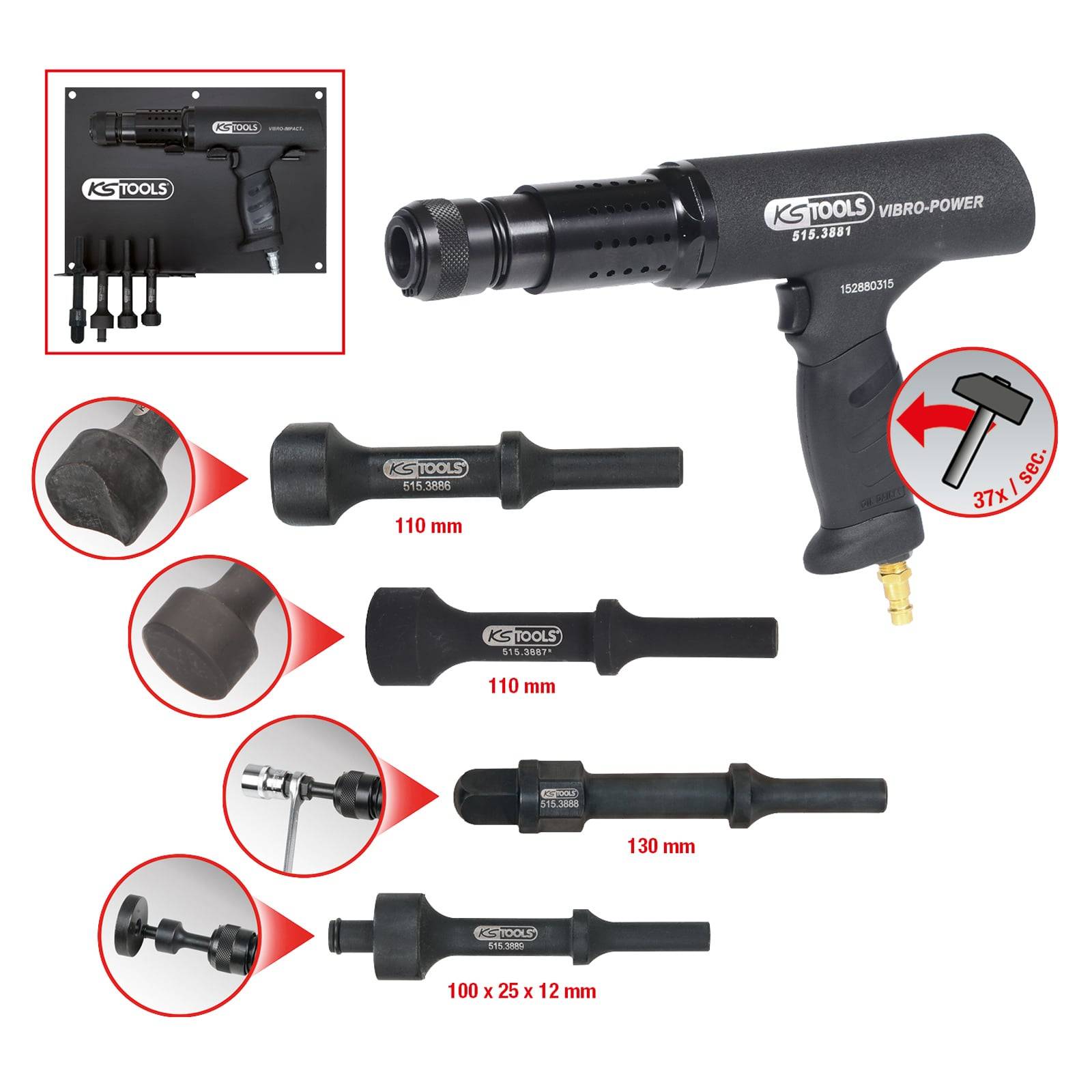 Vibrationsluftmeißel mit vier auswechselbaren Meißelköpfen (110 mm, 110 mm, 130 mm, 100 x 25 x 12 mm). Verfügt über Vibrationsdämpfung und 37% geringeren Luftverbrauch.
