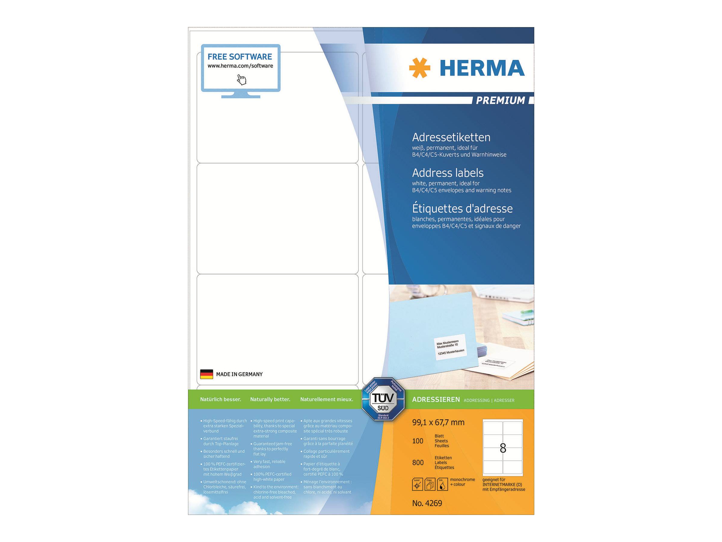 HERMA Premium - Papier - matt - permanent selbstklebend - weiß - 99.1 x 67.7 mm 800 Etikett(en) (100 Bogen x 8)