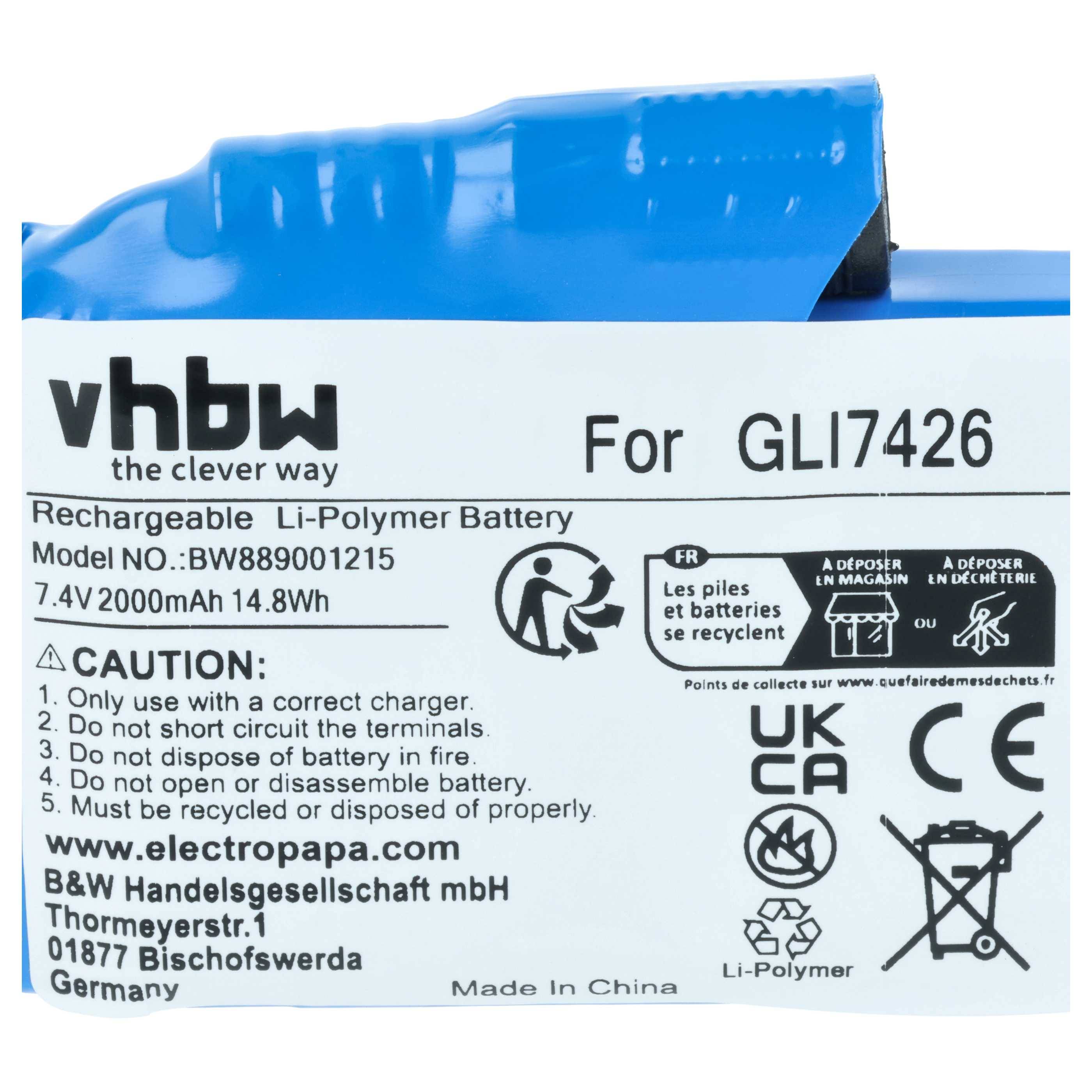 vhbw 4x Akku Ersatz für Glovii GLP7421, GLI7426 für beheizbare Handschuhe (2000 mAh, 7,4 V, Li-Ion)