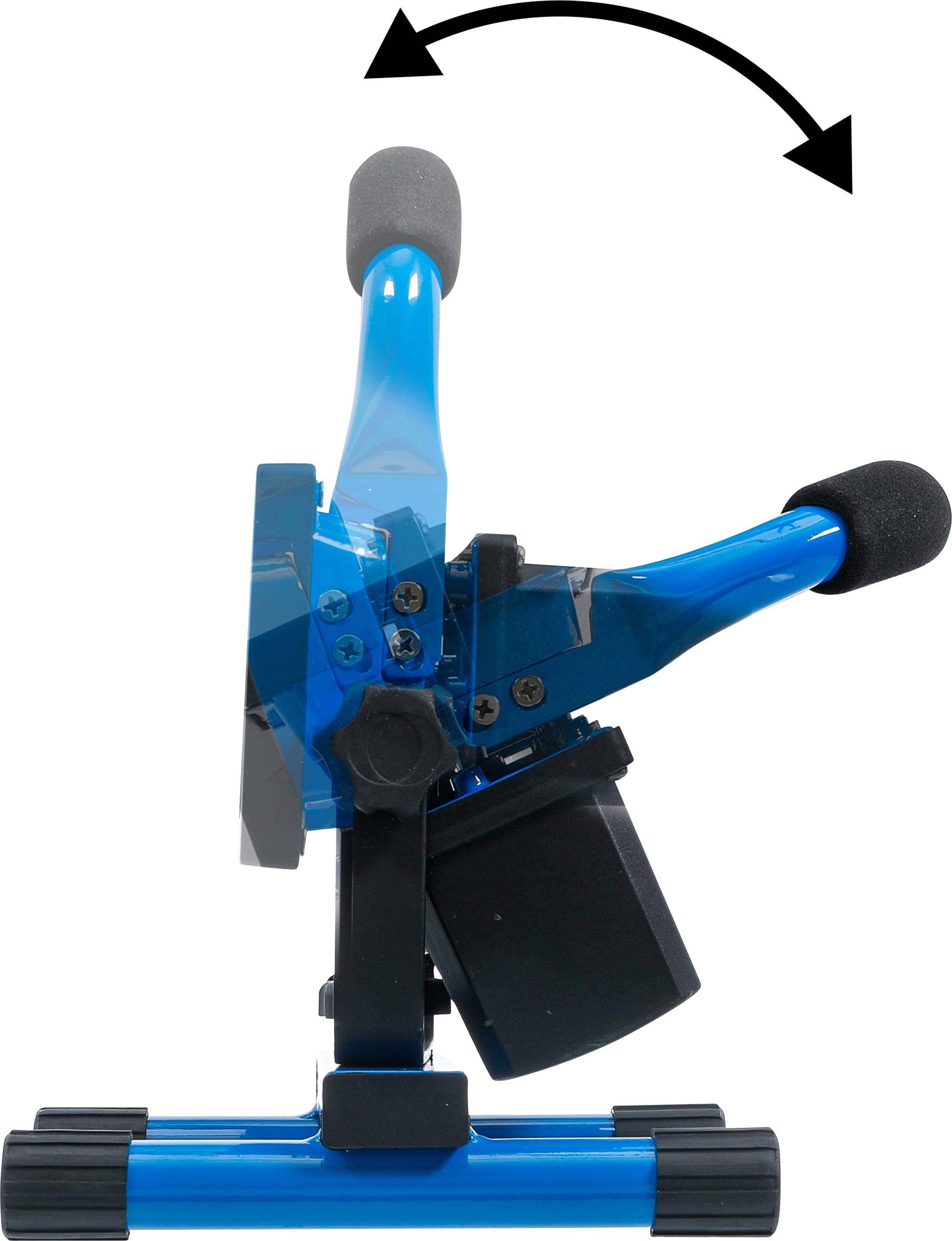 Ein blauer Joystick mit schwarzen Griffen, vertikal positioniert, an einem schwarzen Kontrolmechanismus befestigt, wahrscheinlich zur professionellen Verwendung in Maschinen oder zum Spielen.