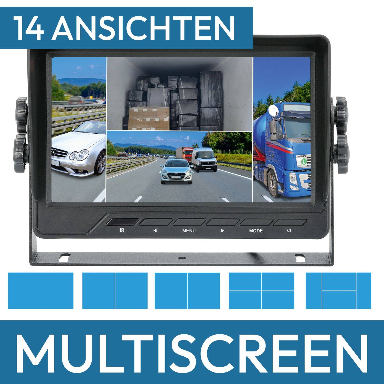 VSG24 7" Rückfahrkamera Set RUNDUMBLICK | QUAD-Monitor, Doppellinsen & Seitenkamera-Set 90°,120° und 150° Blickwinkel Transporter, Wohnmobil & L