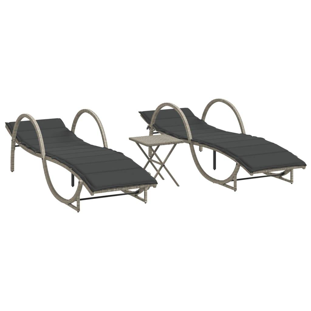 vidaXL Sonnenliegen 2 Stk. mit Tisch Hellgrau Poly Rattan