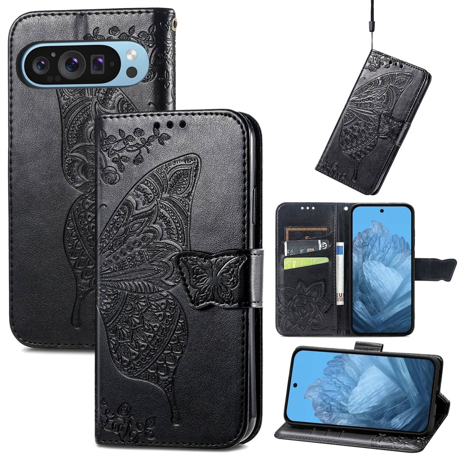 Für Google Pixel 9 / 9 Pro Kunstleder Wallet Handy Tasche Schmetterling Design Hülle Etuis Schwarz