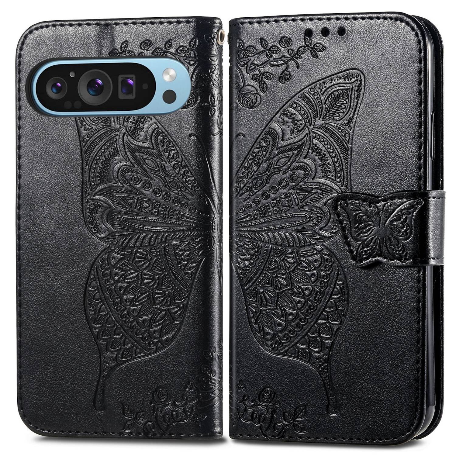 Für Google Pixel 9 / 9 Pro Kunstleder Wallet Handy Tasche Schmetterling Design Hülle Etuis Schwarz