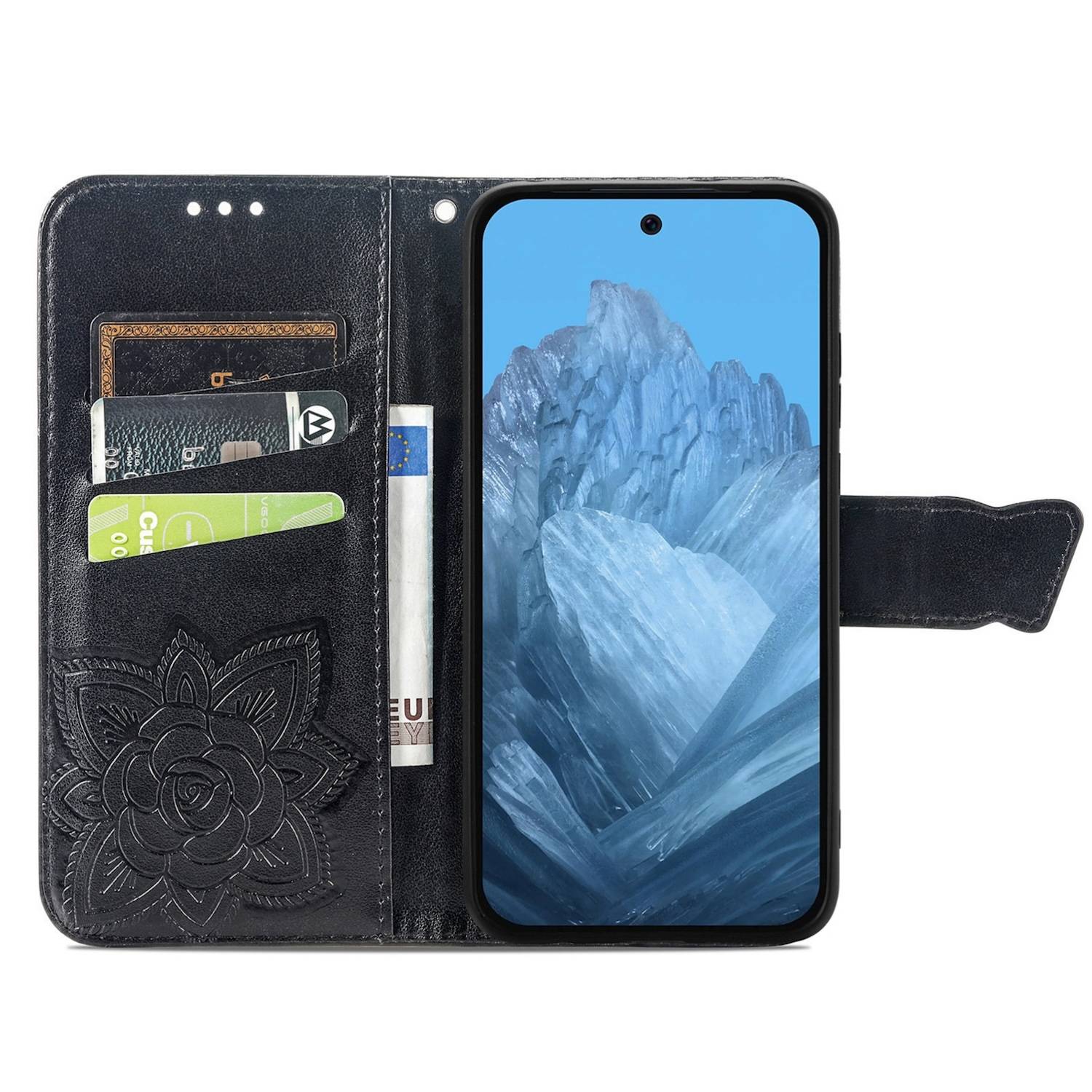 Für Google Pixel 9 / 9 Pro Kunstleder Wallet Handy Tasche Schmetterling Design Hülle Etuis Schwarz