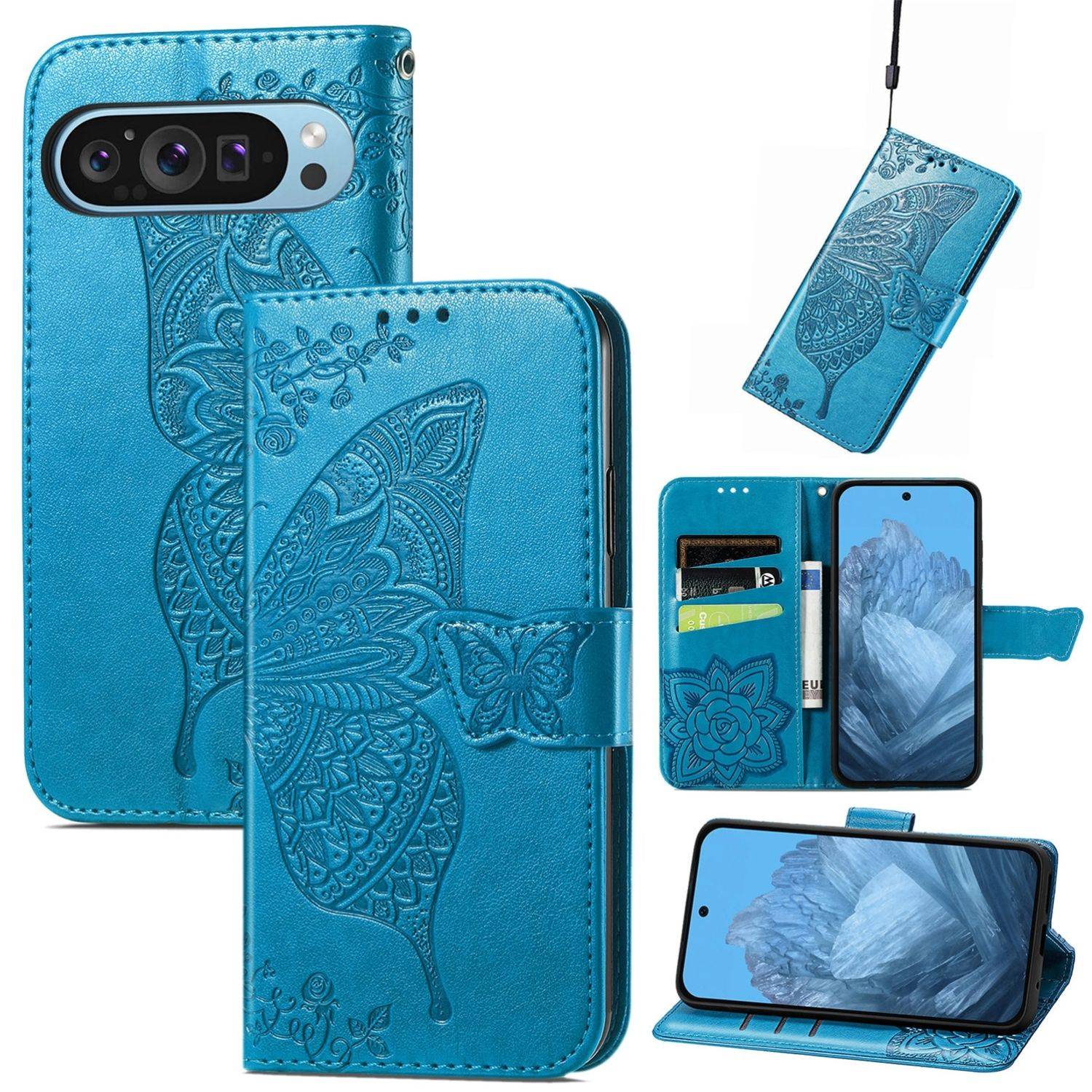 Für Google Pixel 9 / 9 Pro Kunstleder Wallet Handy Tasche Schmetterling Design Hülle Etuis Blau