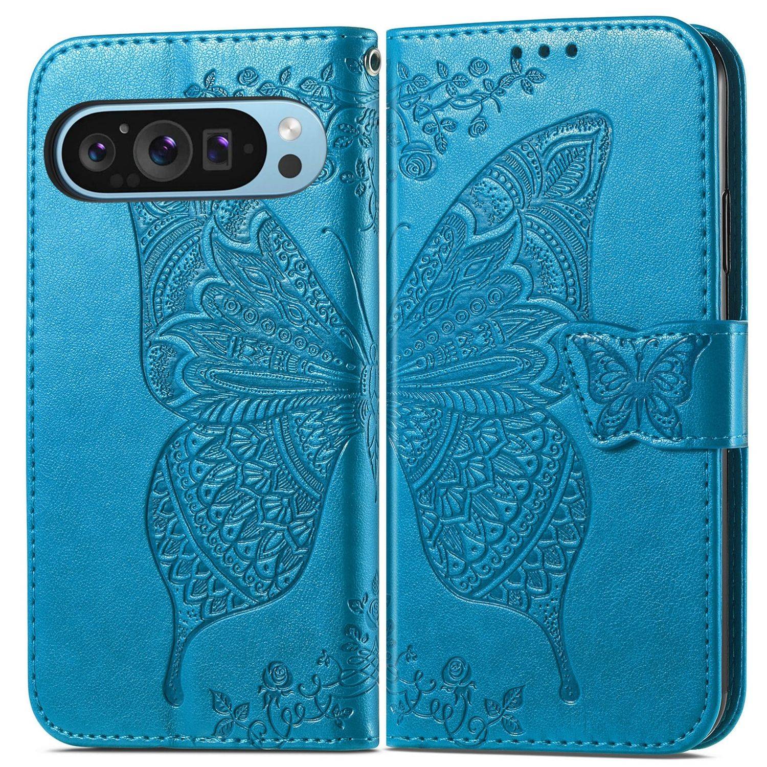 Für Google Pixel 9 / 9 Pro Kunstleder Wallet Handy Tasche Schmetterling Design Hülle Etuis Blau