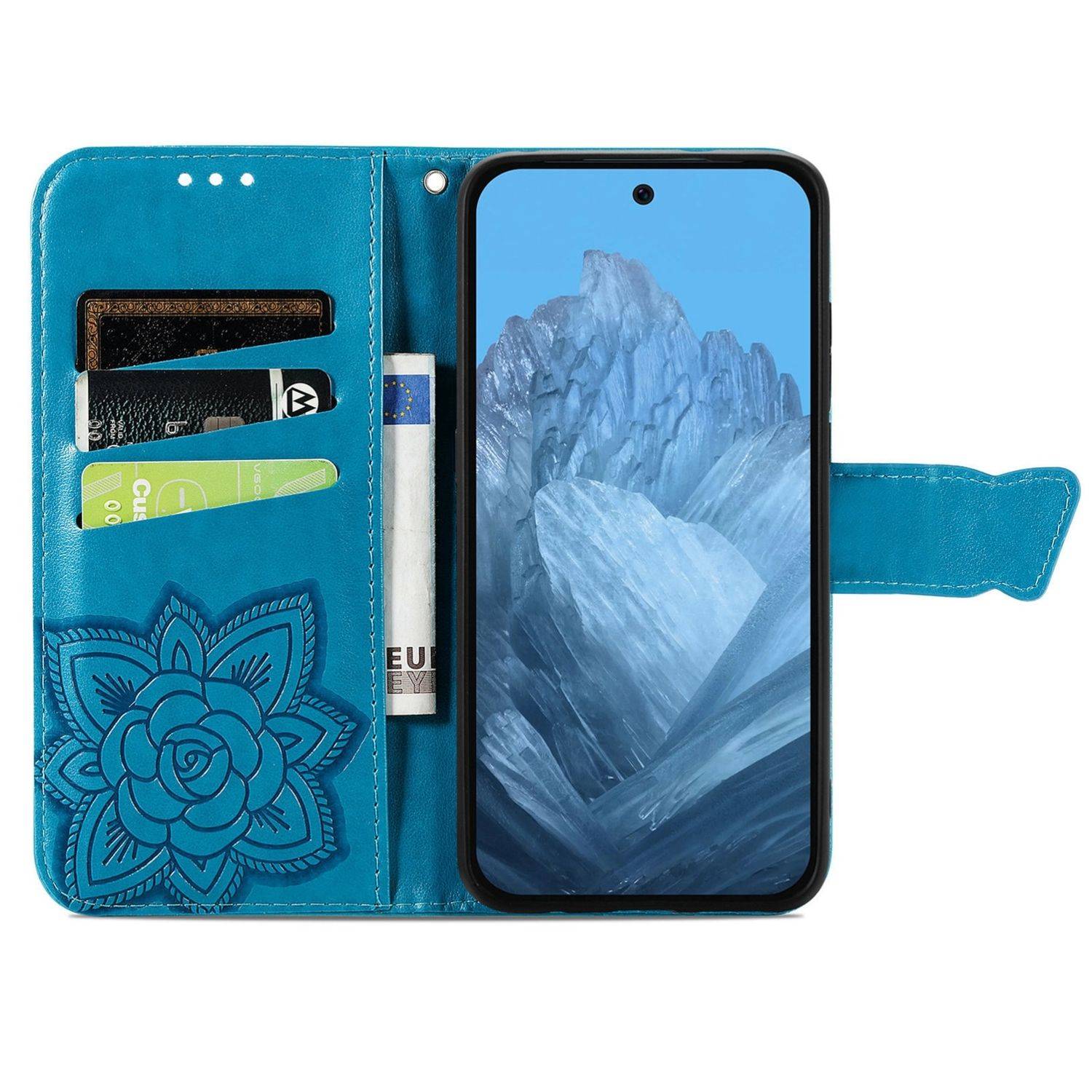 Für Google Pixel 9 / 9 Pro Kunstleder Wallet Handy Tasche Schmetterling Design Hülle Etuis Blau