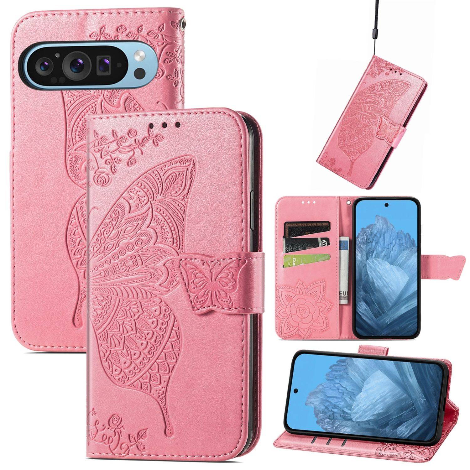 Für Google Pixel 9 / 9 Pro Kunstleder Wallet Handy Tasche Schmetterling Design Hülle Etuis Pink