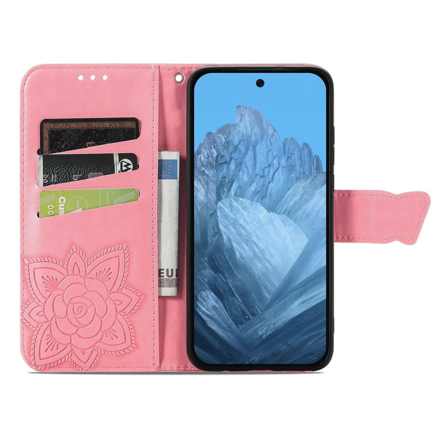 Für Google Pixel 9 / 9 Pro Kunstleder Wallet Handy Tasche Schmetterling Design Hülle Etuis Pink