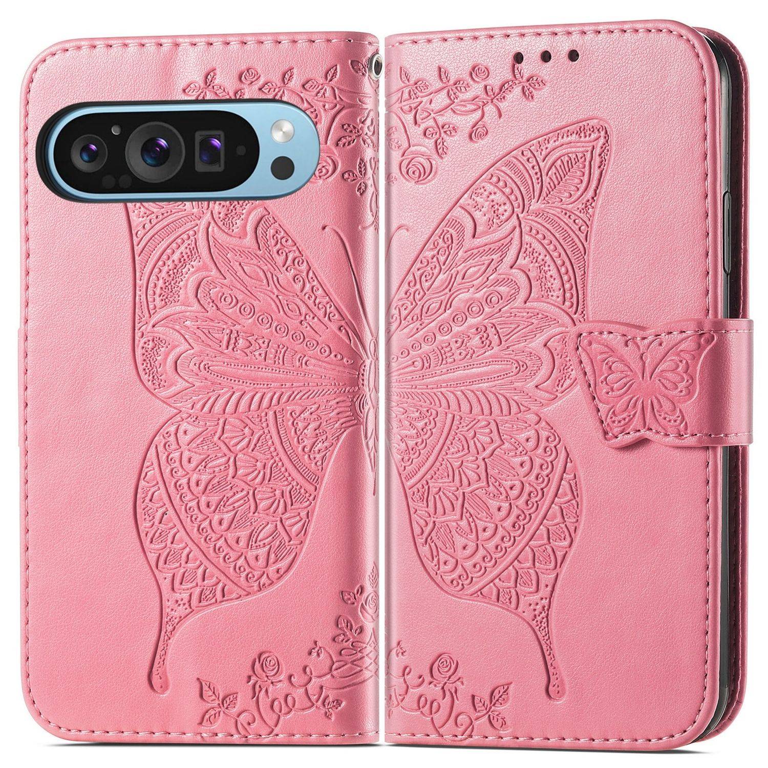 Für Google Pixel 9 / 9 Pro Kunstleder Wallet Handy Tasche Schmetterling Design Hülle Etuis Pink