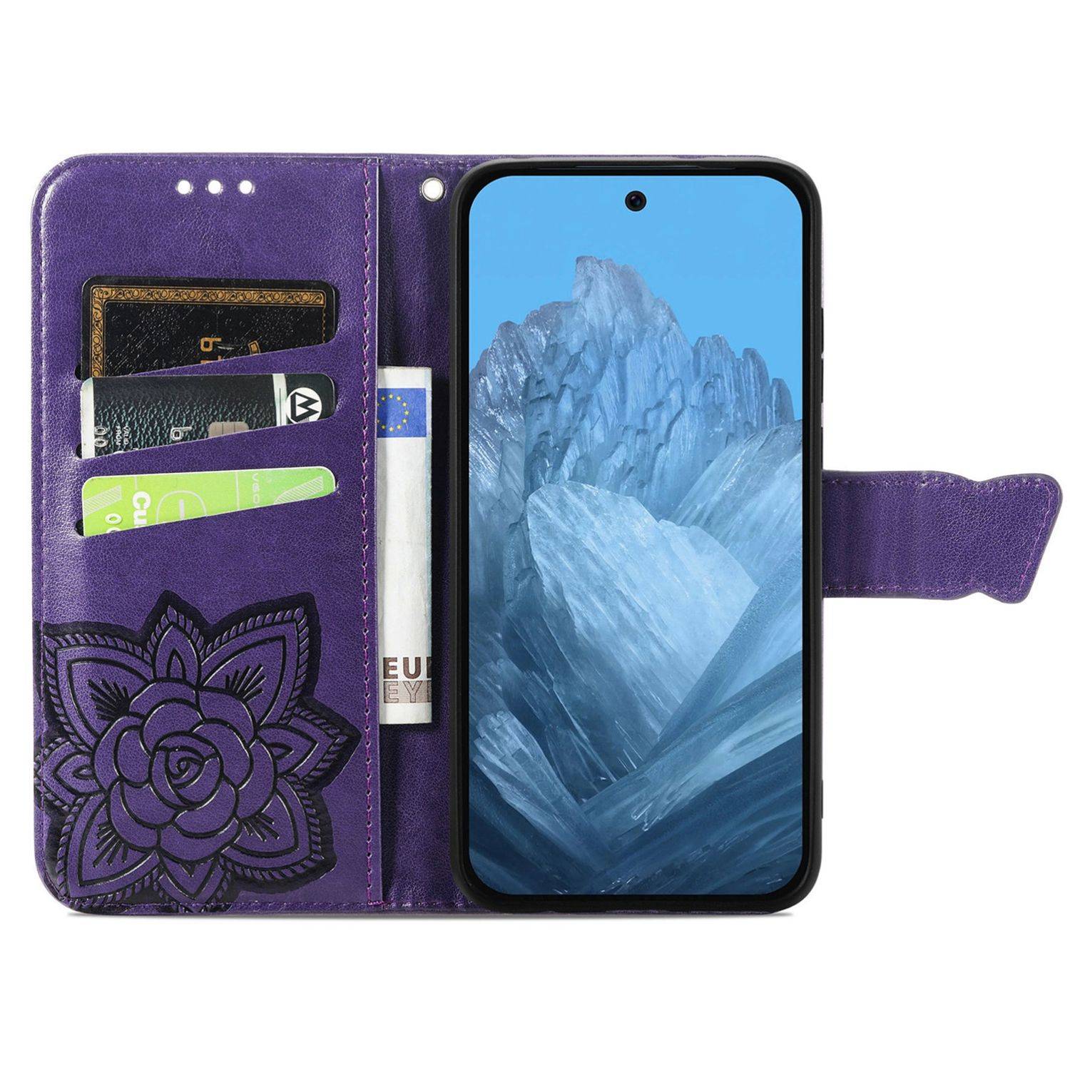 Für Google Pixel 9 / 9 Pro Kunstleder Wallet Handy Tasche Schmetterling Design Hülle Etuis Lila