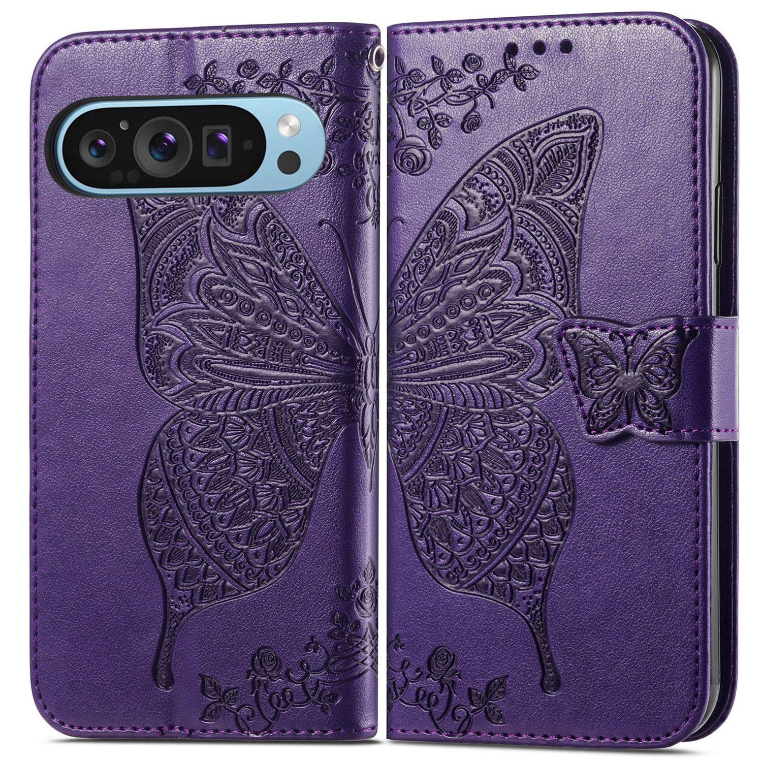Für Google Pixel 9 / 9 Pro Kunstleder Wallet Handy Tasche Schmetterling Design Hülle Etuis Lila