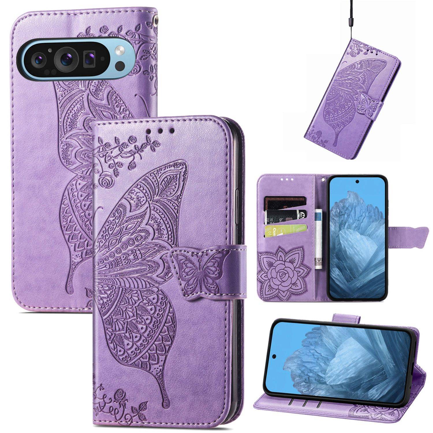 Für Google Pixel 9 / 9 Pro Kunstleder Wallet Handy Tasche Schmetterling Design Hülle Etuis Hell-Lila