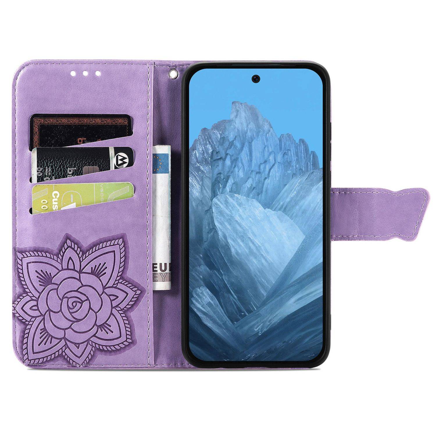 Für Google Pixel 9 / 9 Pro Kunstleder Wallet Handy Tasche Schmetterling Design Hülle Etuis Hell-Lila