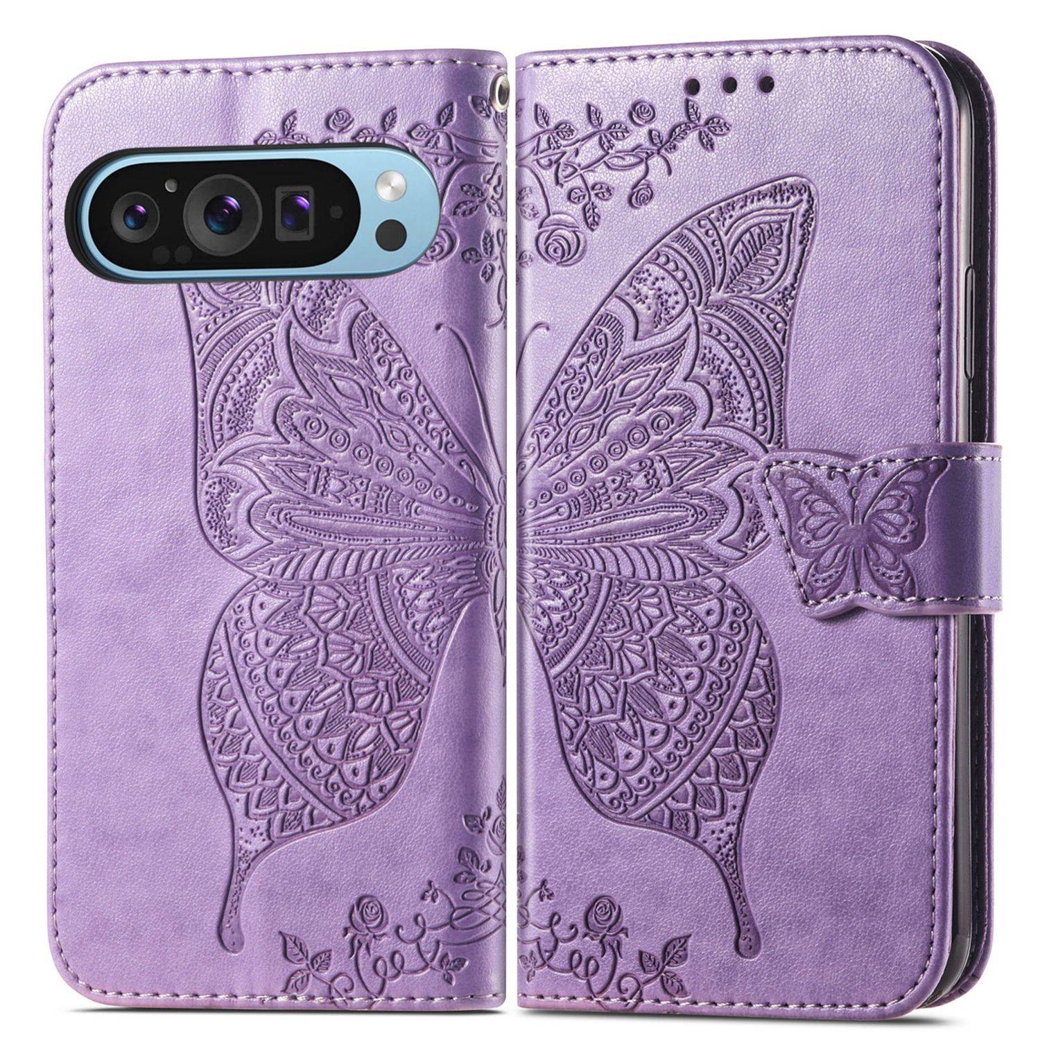 Für Google Pixel 9 / 9 Pro Kunstleder Wallet Handy Tasche Schmetterling Design Hülle Etuis Hell-Lila