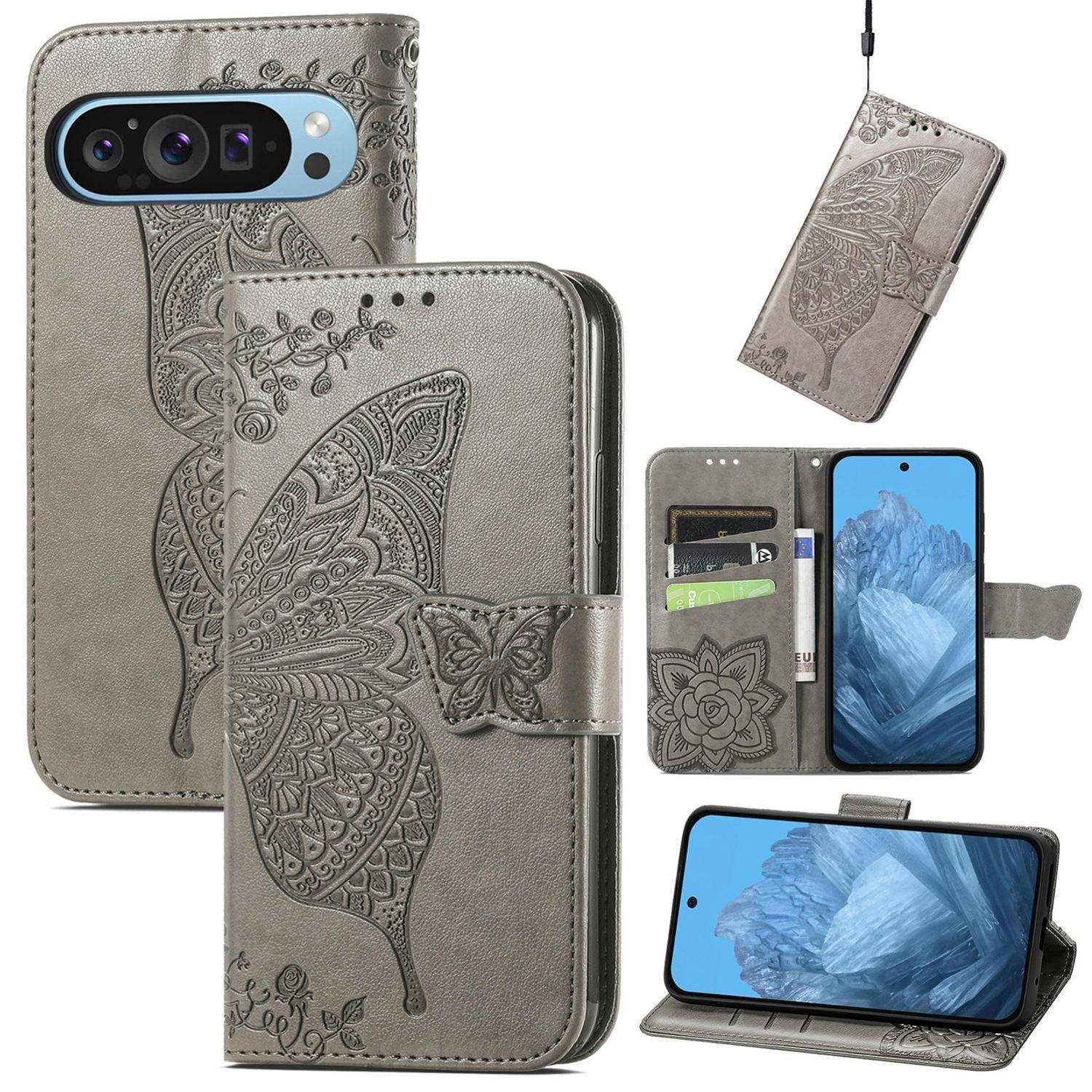 Für Google Pixel 9 / 9 Pro Kunstleder Wallet Handy Tasche Schmetterling Design Hülle Etuis Grau