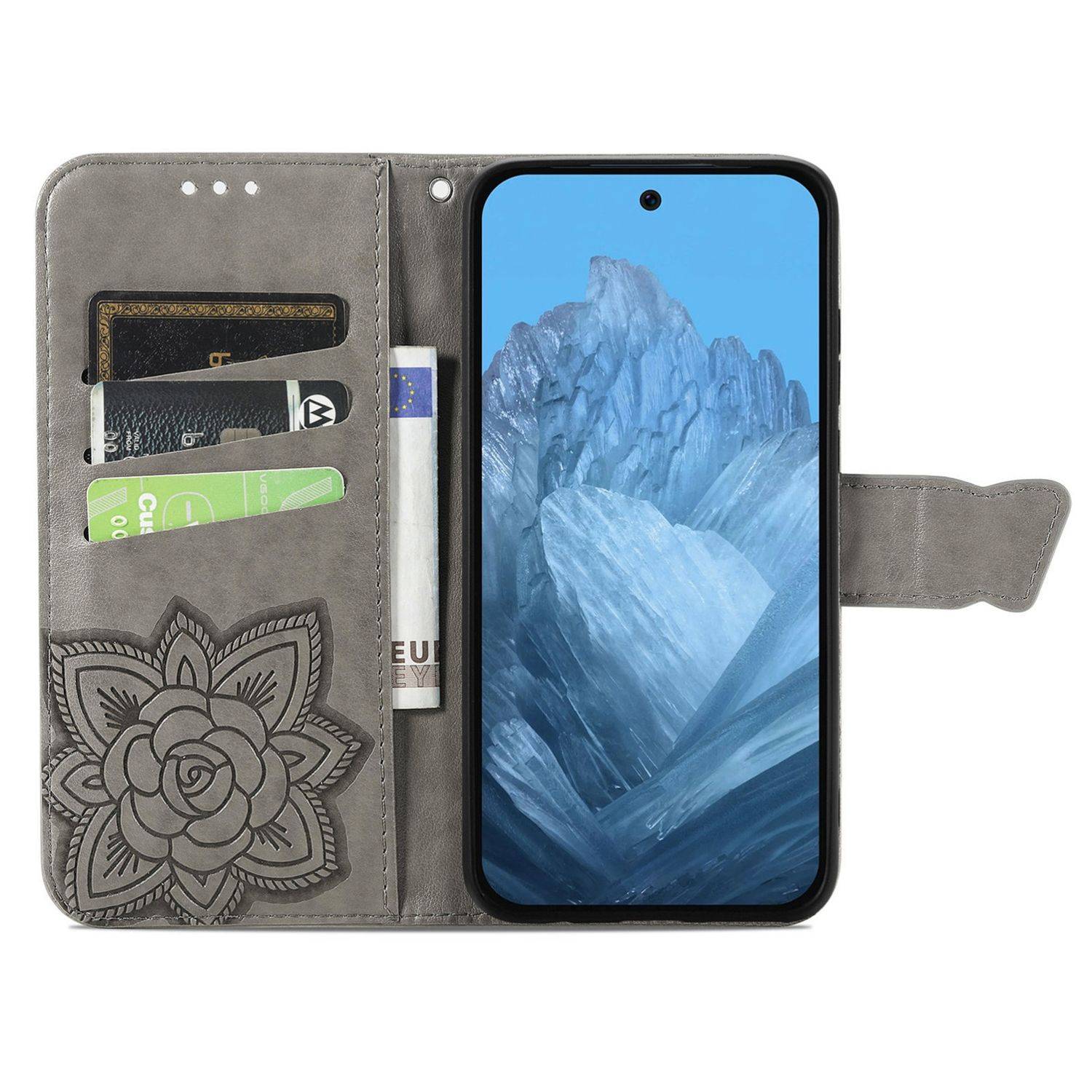 Für Google Pixel 9 / 9 Pro Kunstleder Wallet Handy Tasche Schmetterling Design Hülle Etuis Grau