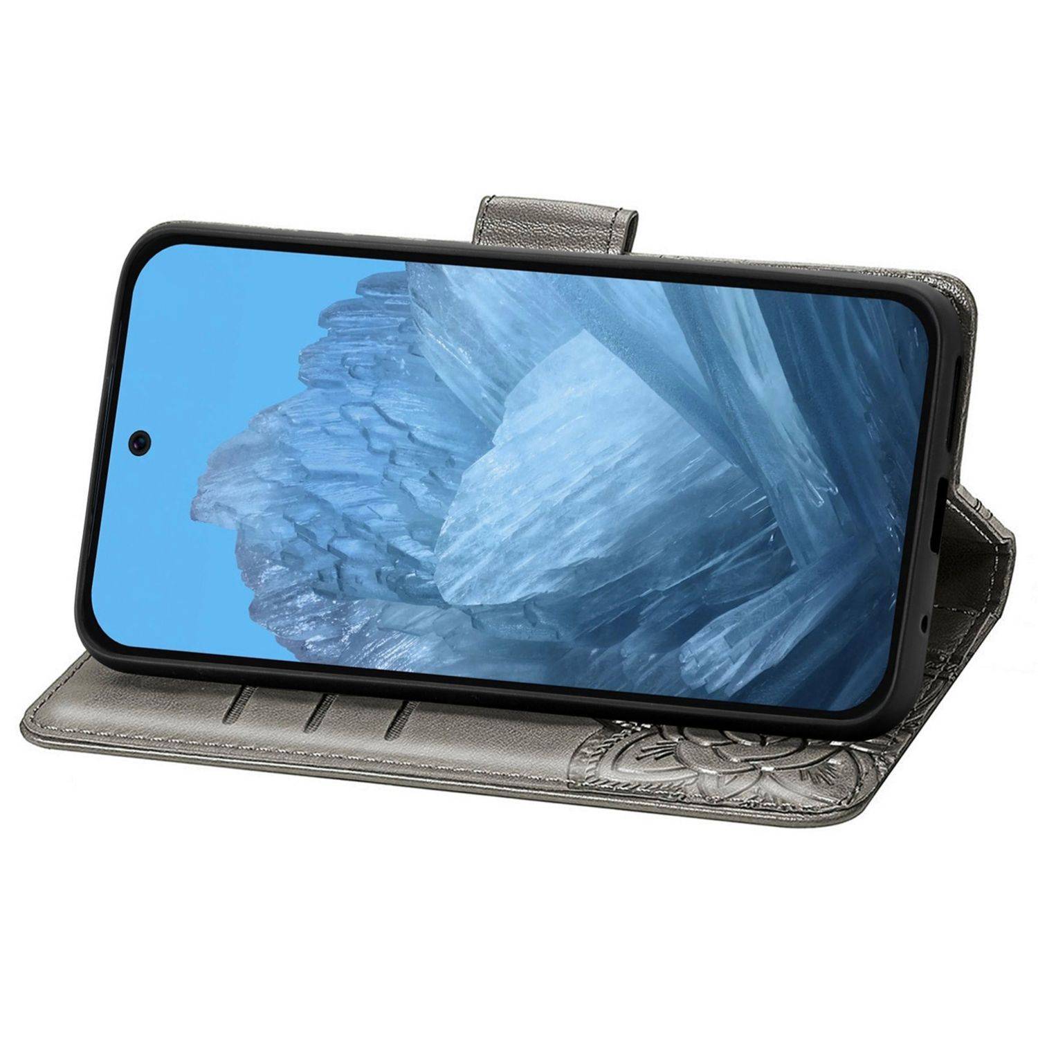 Für Google Pixel 9 / 9 Pro Kunstleder Wallet Handy Tasche Schmetterling Design Hülle Etuis Grau