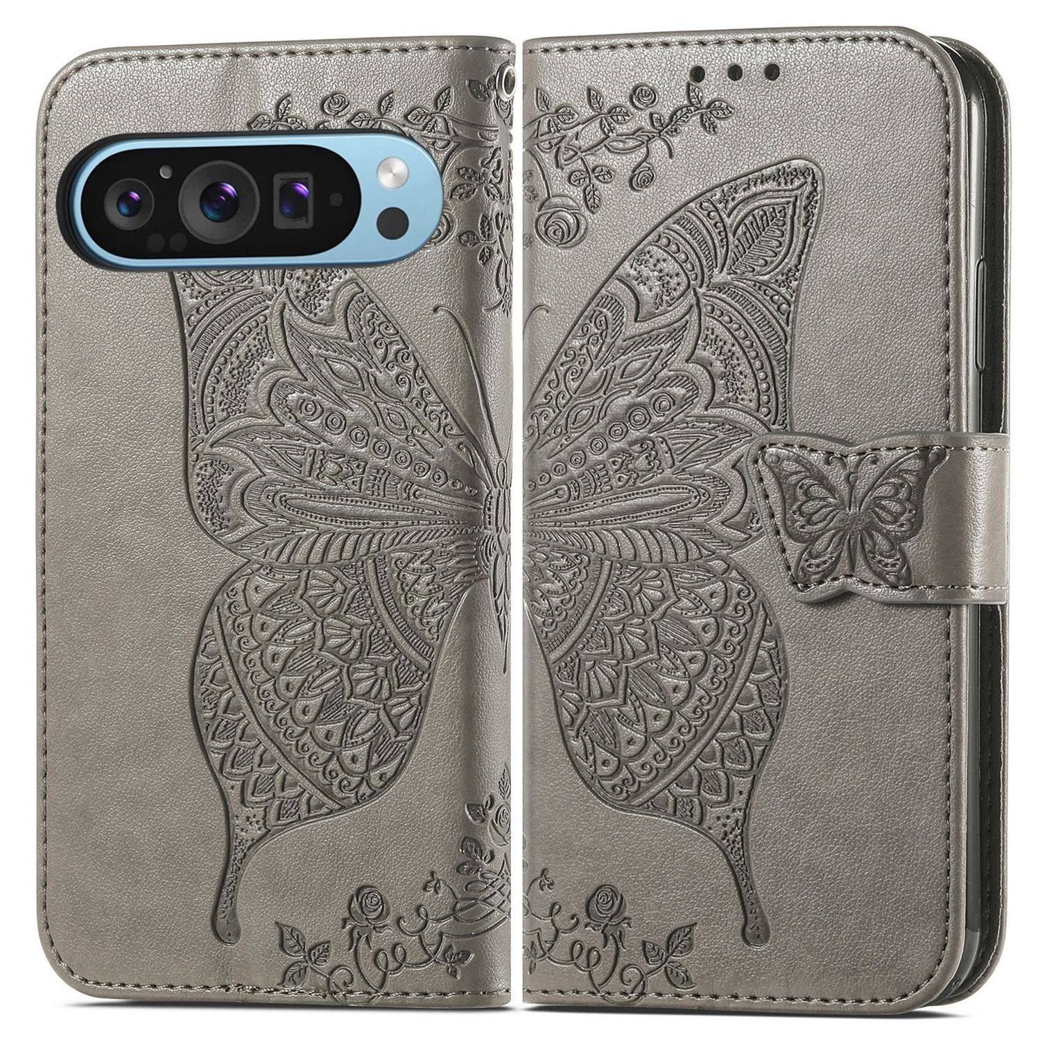 Für Google Pixel 9 / 9 Pro Kunstleder Wallet Handy Tasche Schmetterling Design Hülle Etuis Grau