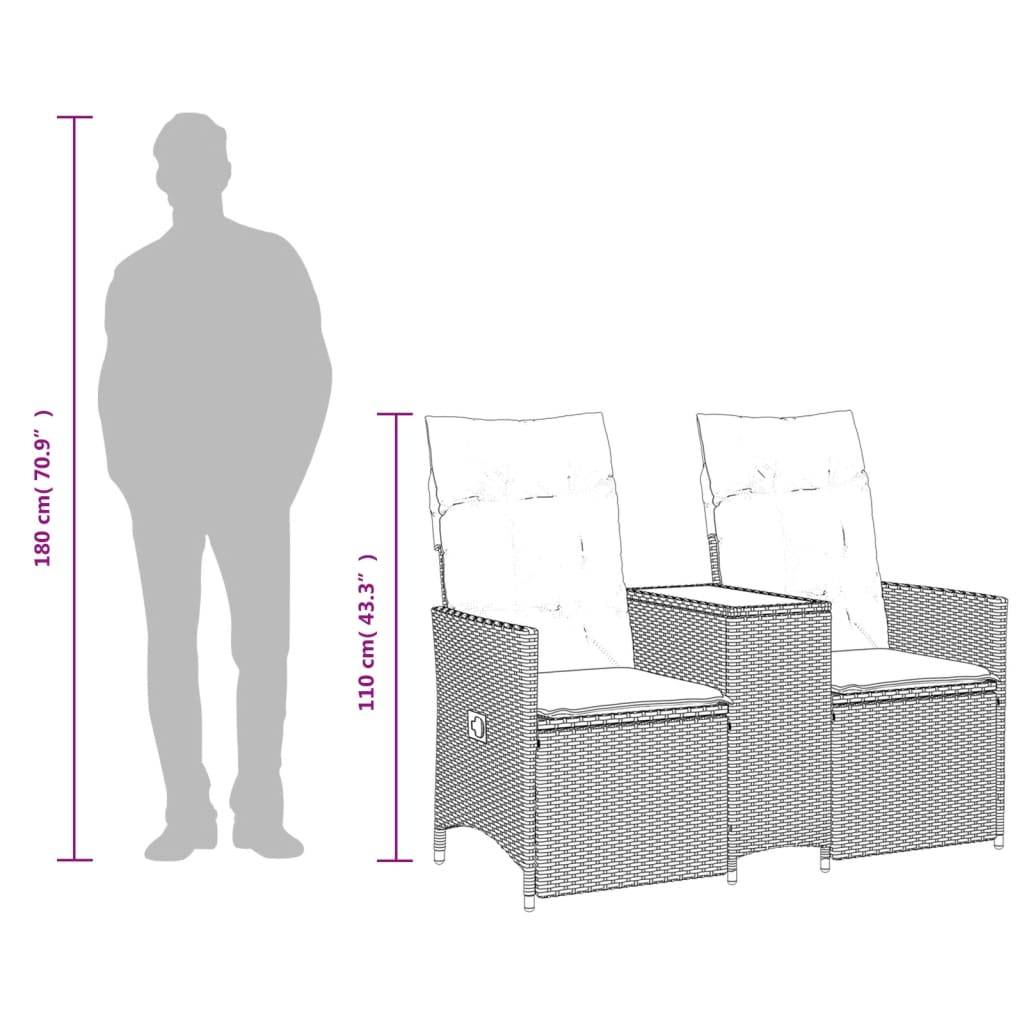 vidaXL Gartensofa 2-Sitzer Verstellbar mit Tisch Braun Poly Rattan