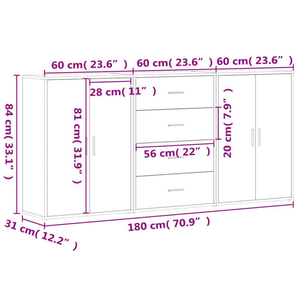 vidaXL Sideboards 3 Stk. Räuchereiche 60x31x84 cm Holzwerkstoff