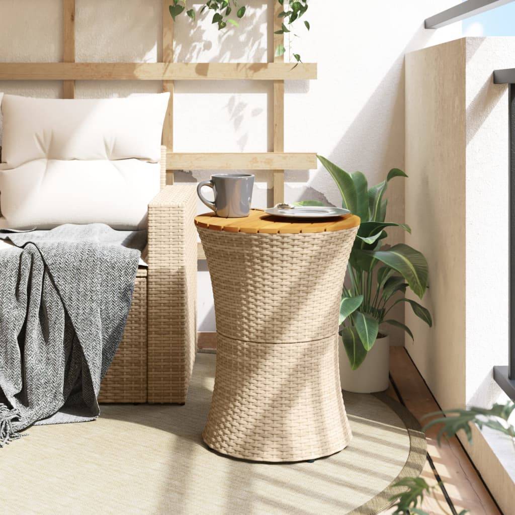 vidaXL Garten-Beistelltisch Trommelform Beige Poly Rattan Massivholz