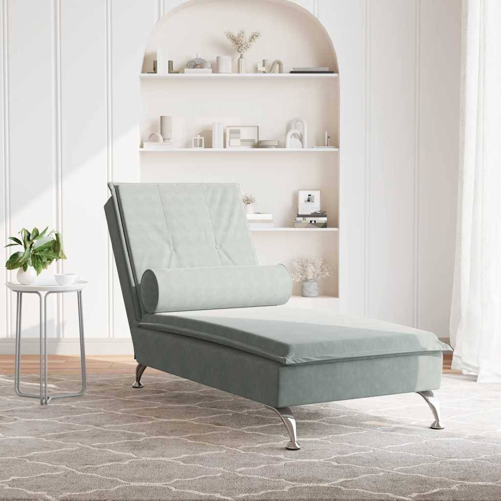 vidaXL Massage-Chaiselongue mit Nackenrolle Hellgrau Samt