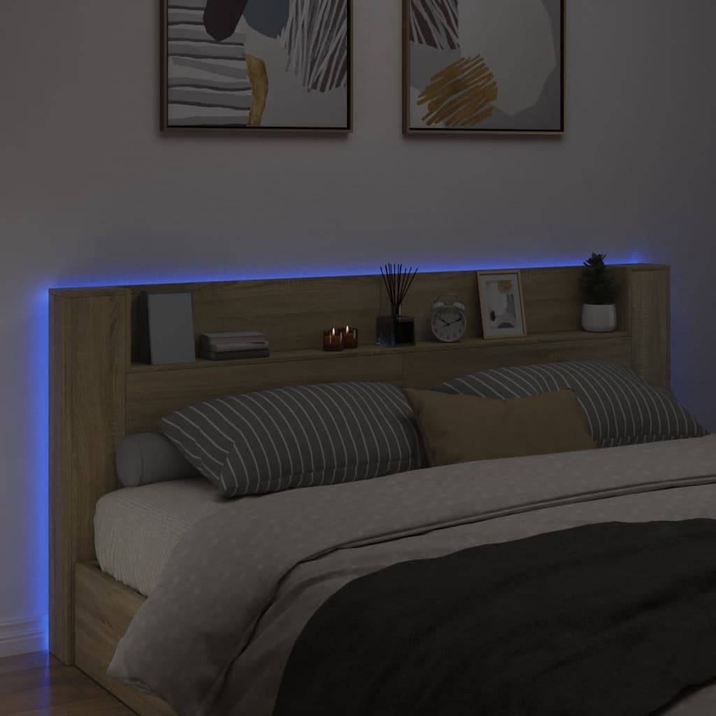 vidaXL LED-Kopfteil mit Ablagen Sonoma-Eiche 220x16,5x103,5 cm