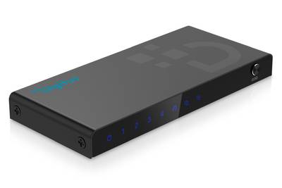 Schwarzes rechteckiges elektronisches Gerät mit blauem nummerierten Anzeigelicht und einem Netzschalter auf der Vorderseite, in perspektivischer Ansicht auf weißem Hintergrund dargestellt.