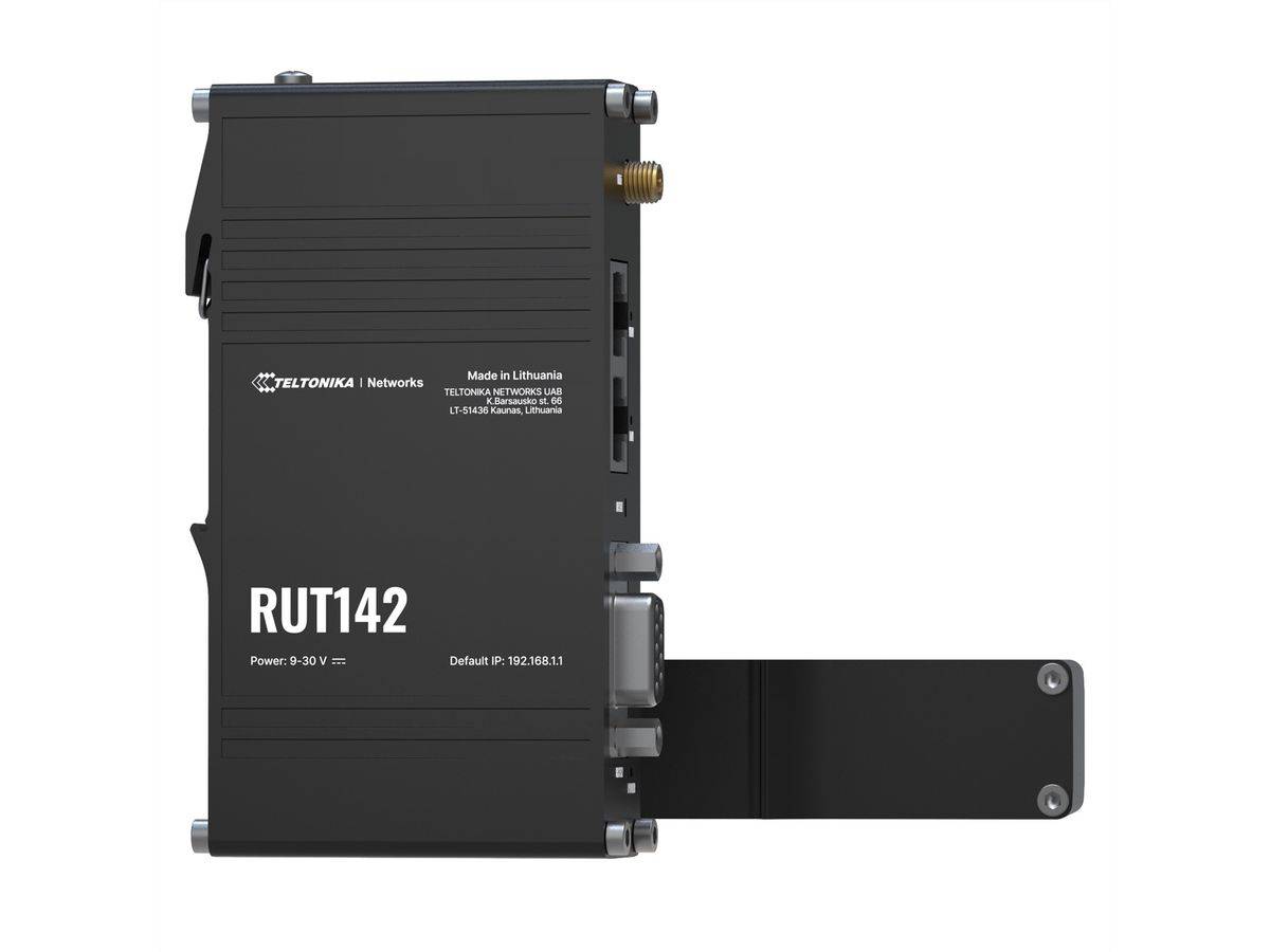 Schwarzer Teltonika RUT142 Industrie-Router/Modem mit Befestigungshalterung, auf weißem Hintergrund dargestellt.