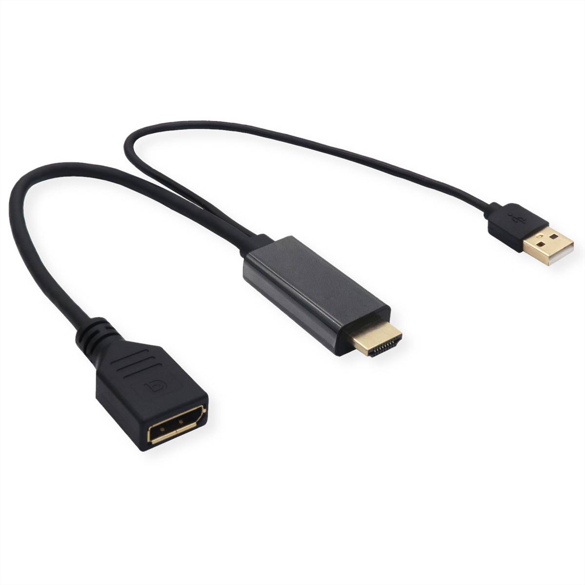 USB-Adapterkabel mit HDMI-Buchse, USB-C-Stecker und USB-A-Stecker auf weißem Hintergrund