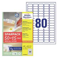 Eine Packung Avery Zweckform Etiketten mit der Nummer 80, die 80 Klebeetiketten anzeigt, und ein „SPARPACK 50+15