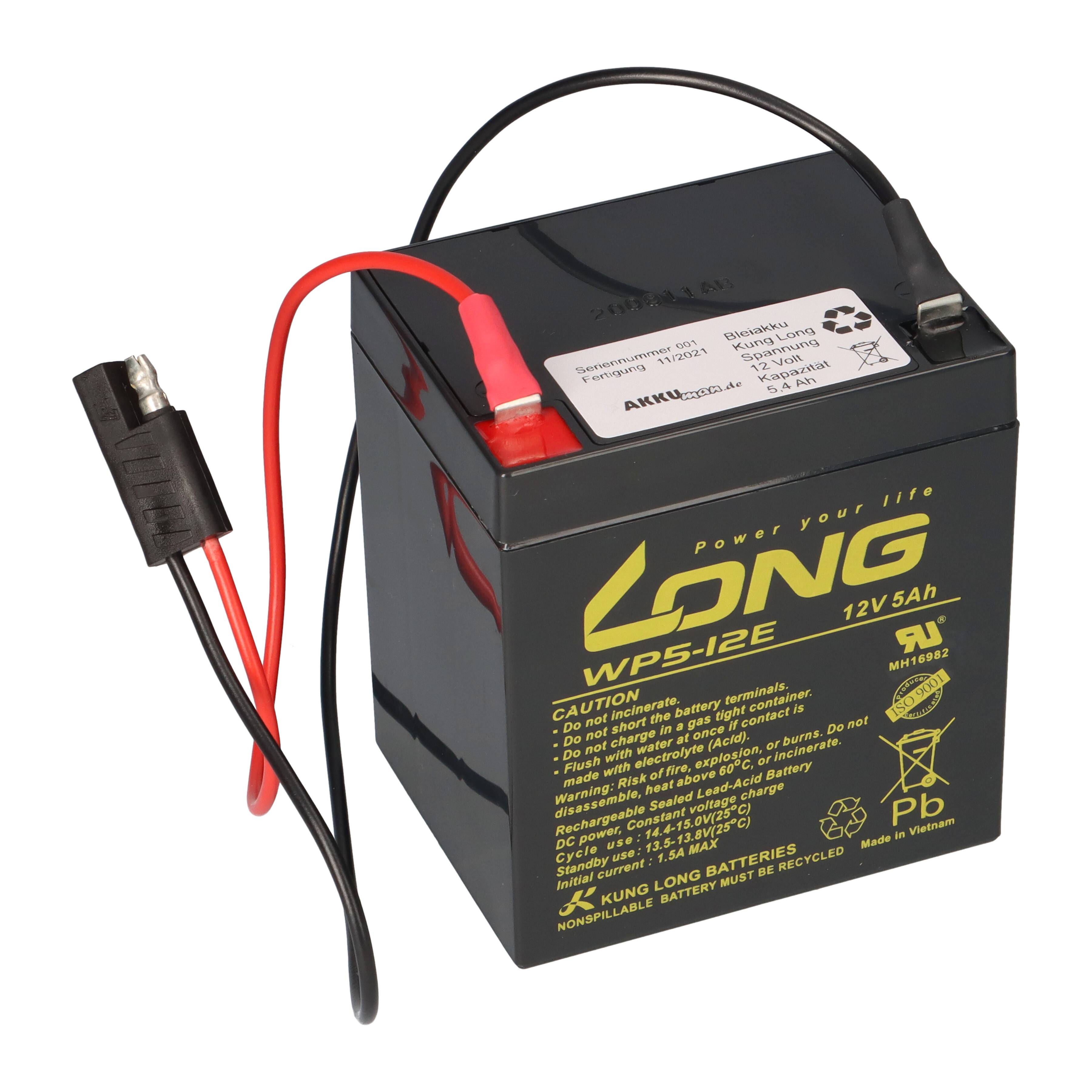 Kung Long Blei Akku 12V 5Ah mit Stecker + Ladegerät für Rasenmäher Akkus