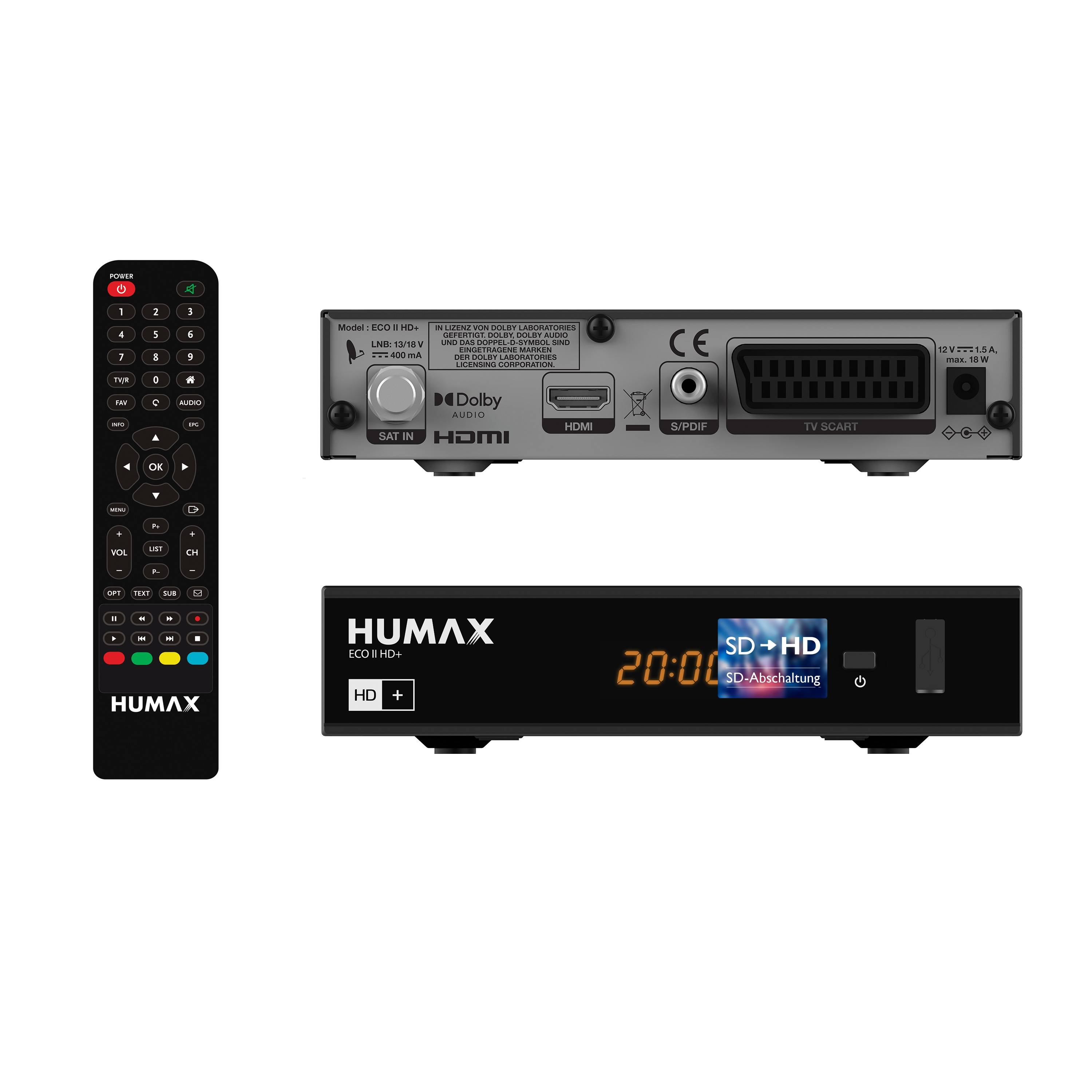 Humax Eco II HD+ Satellitenreceiver, HDTV, HDMI, SCART, USB, inkl. 6 Monate HD+