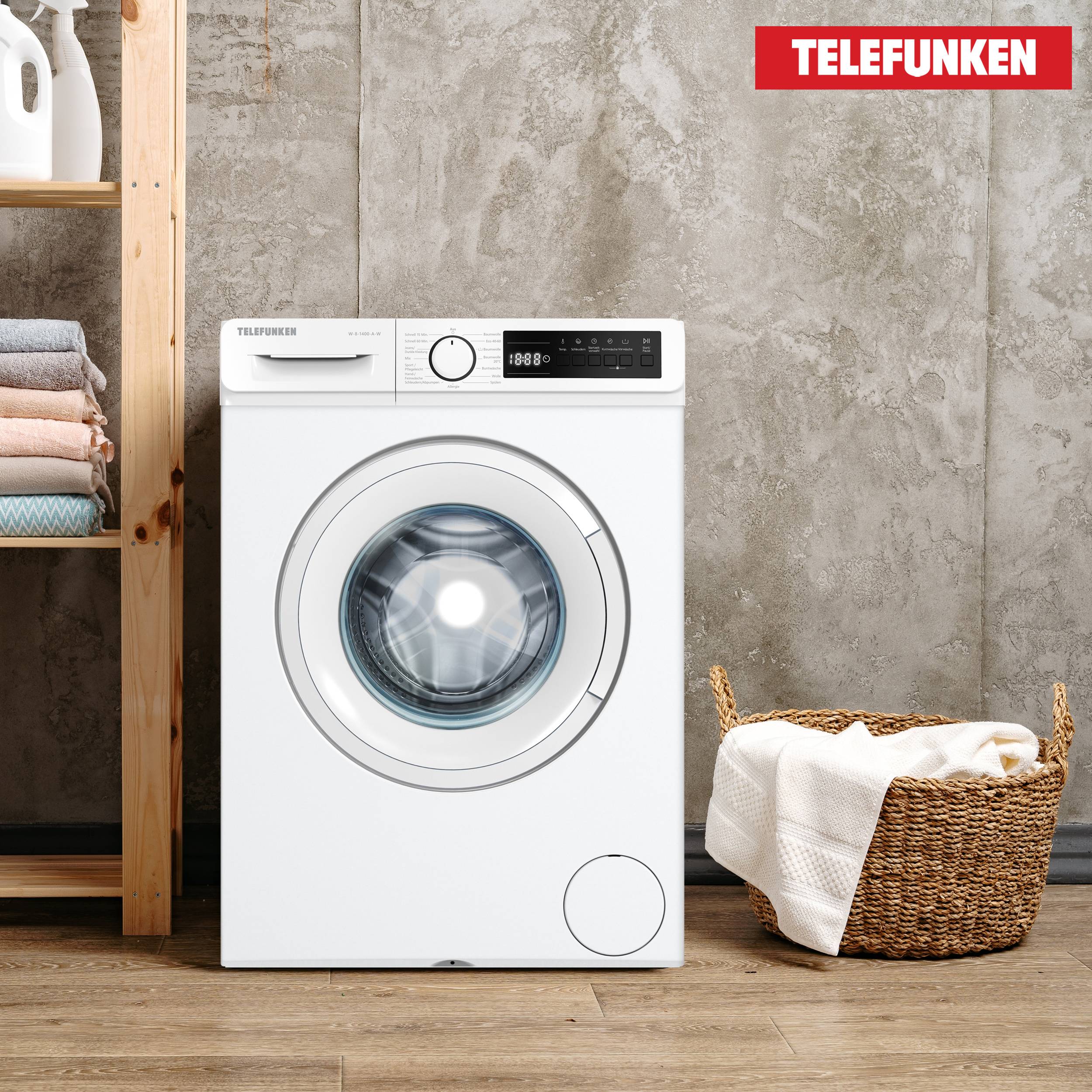 Telefunken Waschmaschine 8kg | 1400 U/Min. | Frontlader | Inverter Motor | AquaStop | 15 Programme | W-8-1400-A-W weiß