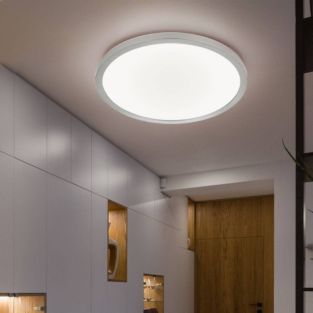 Deckenleuchte Deckenlampe Badezimmerleuchte Wohnzimmerleuchte Esszimmerlampe, Kunststoff weiß nickel-matt, dimmbar Memoryfunktion Backlight, 1x LED