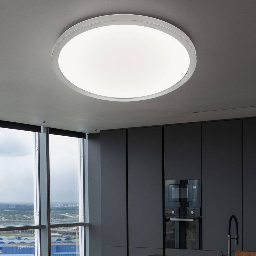 Deckenleuchte Deckenlampe Badezimmerleuchte Wohnzimmerleuchte Esszimmerlampe, Kunststoff weiß nickel-matt, dimmbar Memoryfunktion Backlight, 1x LED