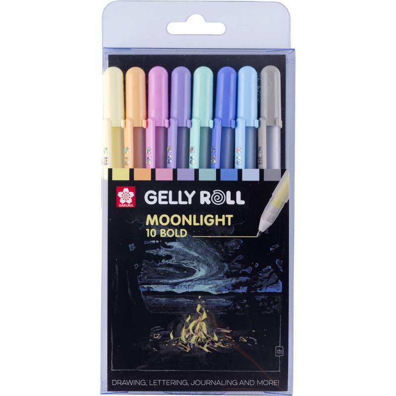 Eine Schachtel mit 10 Gelly Roll Moonlight Bold Stiften in verschiedenen Farben, mit einer Lagerfeuer-Illustration auf der Vorderseite. Geeignet zum Zeichnen und Journaling.