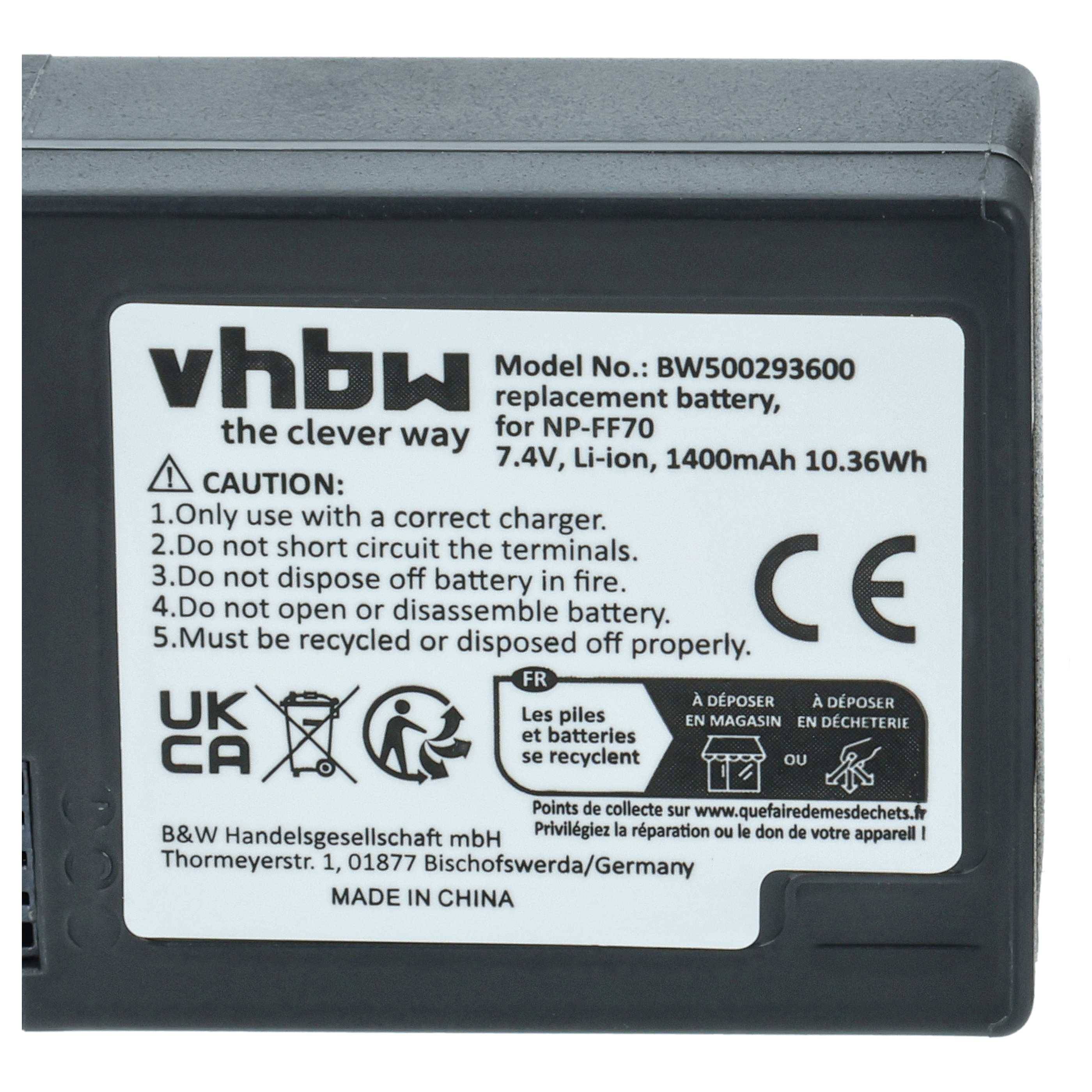 vhbw 2x Akku Ersatz für Sony NP-FF71, NP-FF70 | für Videokamera Camcorder (1400 mAh, 7,4 V, Li-Ion)