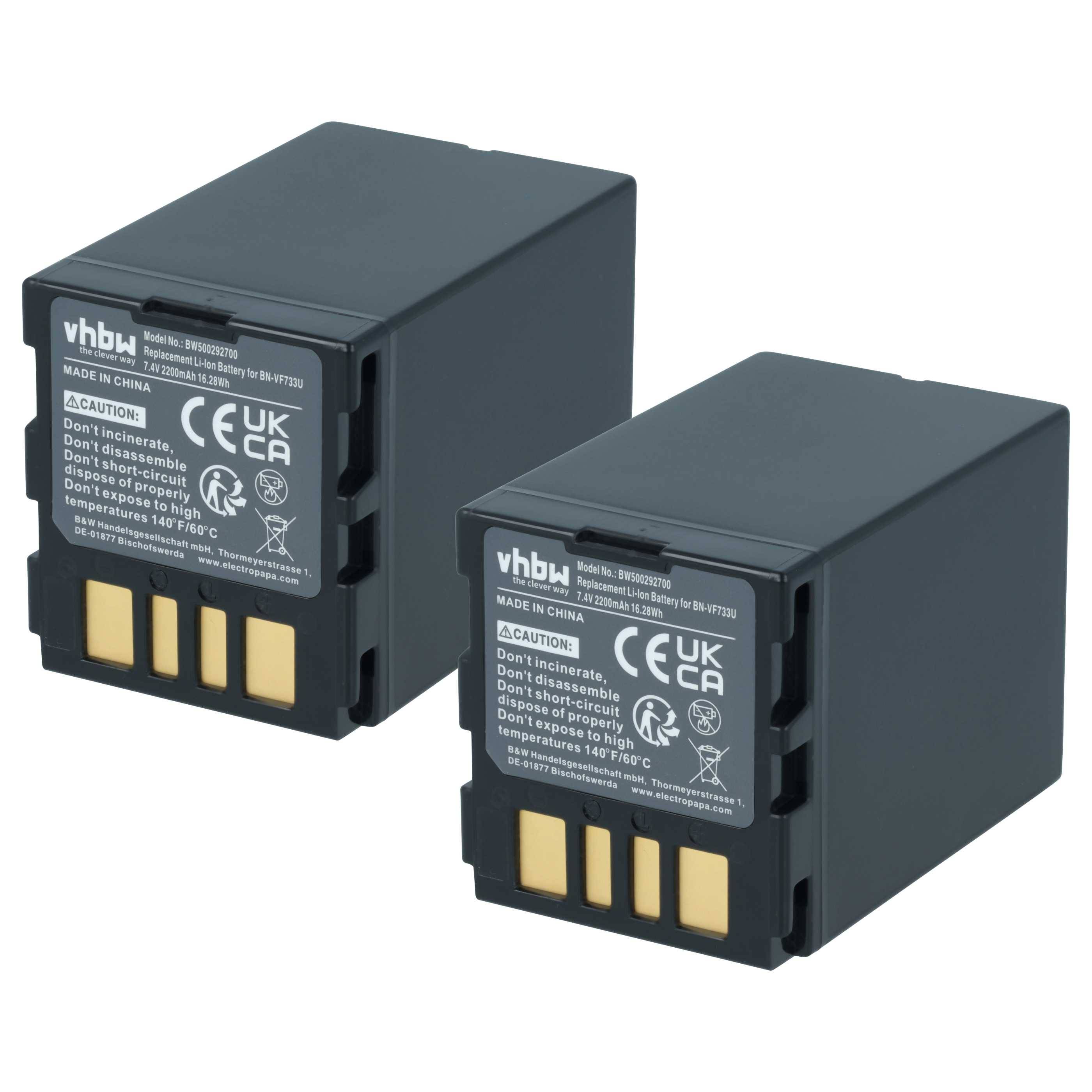 Zwei schwarze vhbw Kamerabatterien mit Warnhinweisen, die Sicherheitsanweisungen, einschließlich Temperaturwarnungen und Entsorgungshinweisen, enthalten.