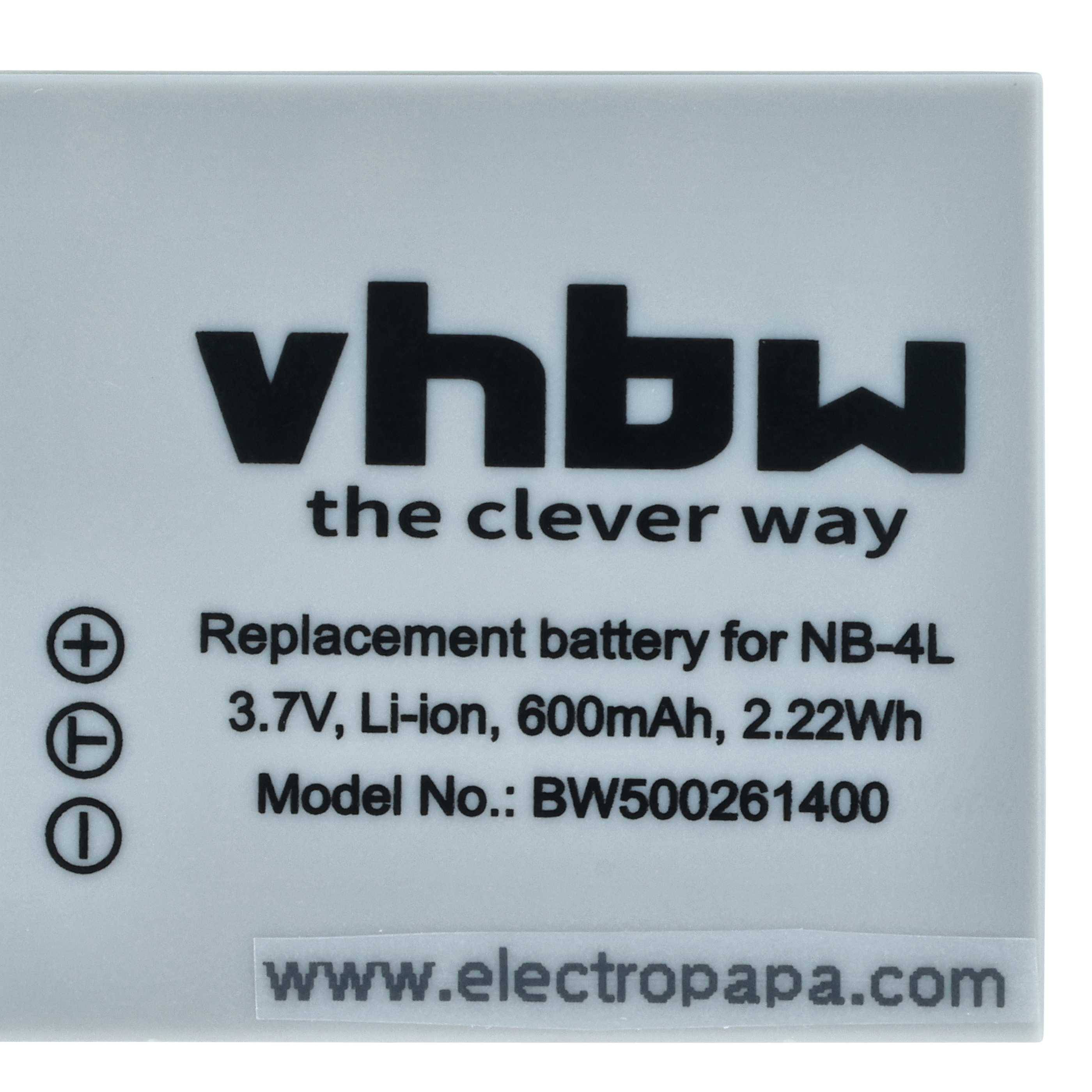 Ein Lithium-Ionen-Ersatzakku für NB-4L, 3,7V, 600mAh von vhbw mit Modell 'BW500261400'. Website: electropapa.com.