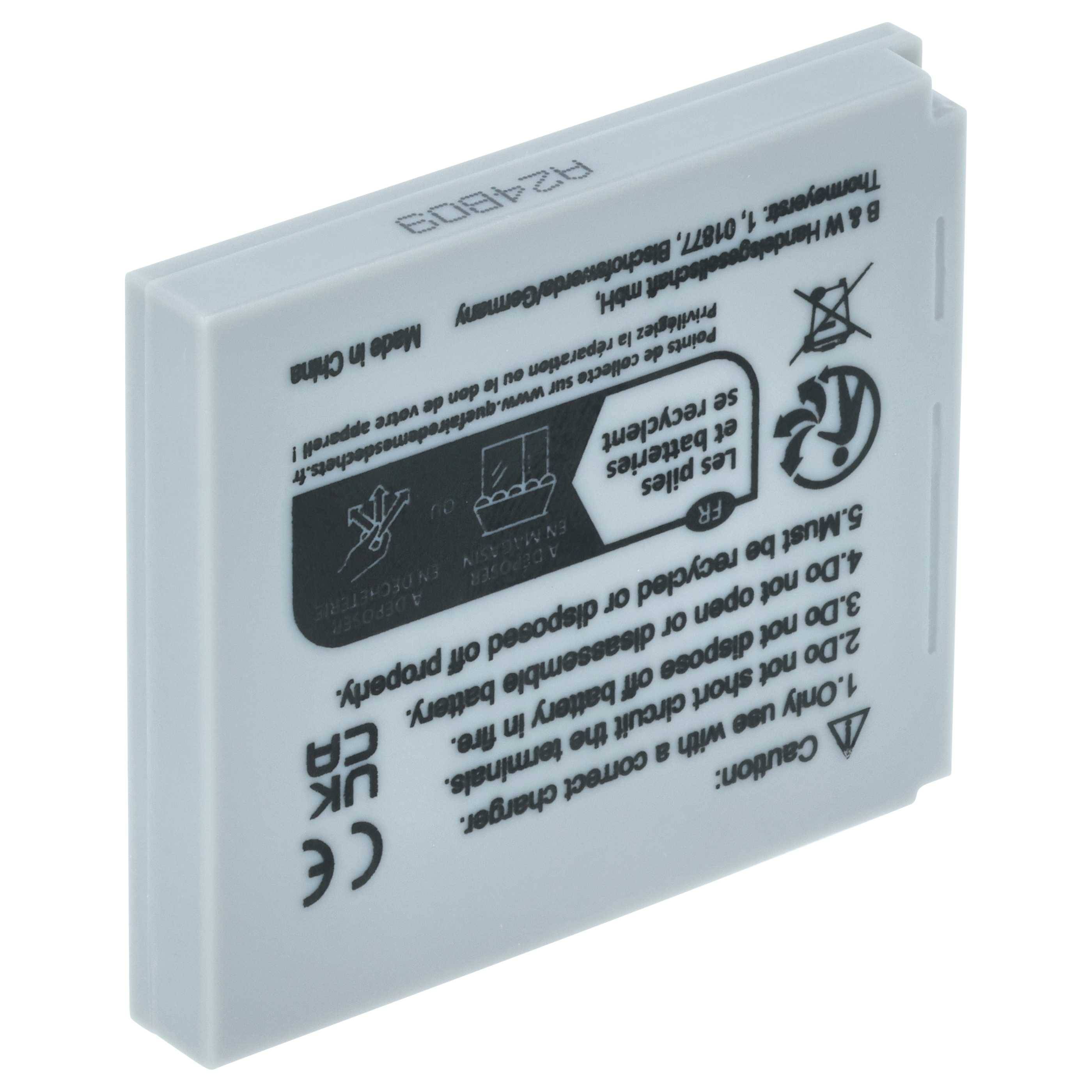 Eine graue wiederaufladbare Batterie mit einer 'CE'-Markierung und Recycling-Symbolen, die die vorschriftsmäßigen Entsorgungsanforderungen anzeigen.
